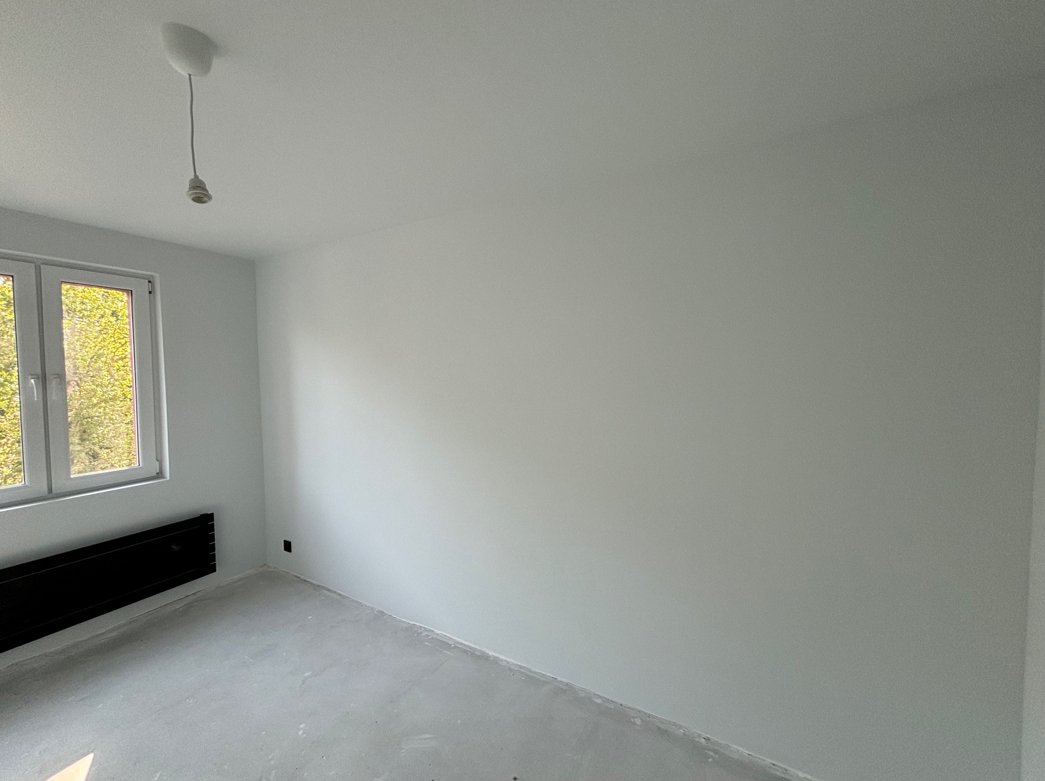 Pusty, jasny pokój z białymi ścianami, betonową podłogą i czarnym grzejnikiem pod oknem z widokiem na drzewa; surowy stan wykończenia przed umeblowaniem.