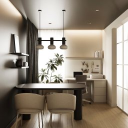 RB VISION SPÓŁKA Z OGRANICZONĄ ODPOWIEDZIALNOŚCIĄ - Nowoczesne biuro domowe z drewnianą podłogą, minimalistycznym biurkiem i krzesłami. Roślina doniczkowa dodaje świeżości. Oświetlenie sufitowe w stylu skandynawskim.