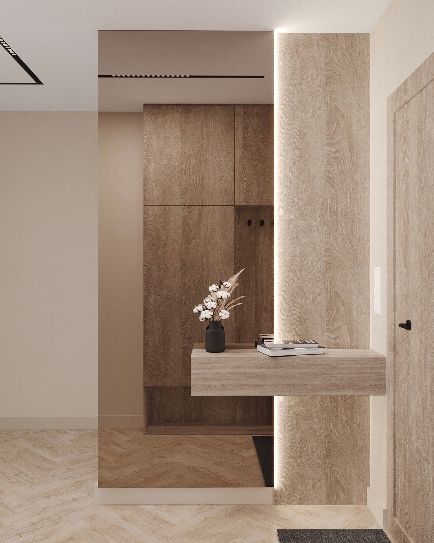 Minimalistyczny przedpokój w odcieniach beżu i brązu z drewnianą zabudową, wazonem z bawełną i subtelnym oświetleniem LED.