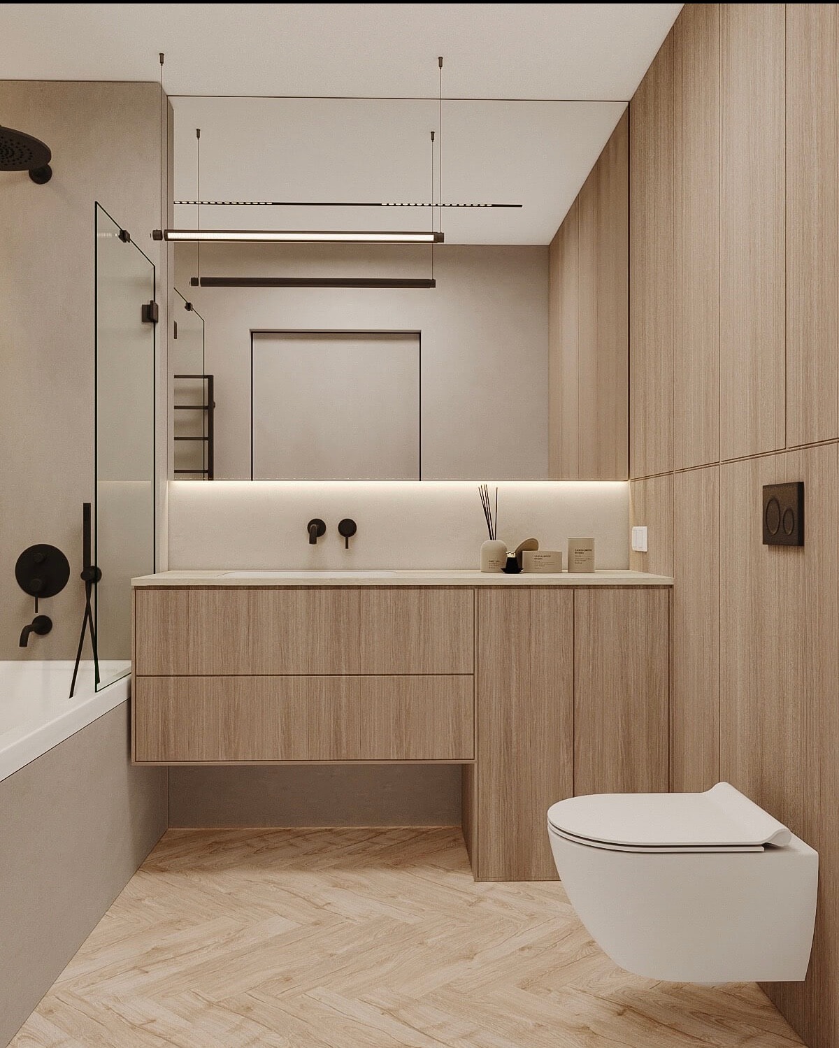 Minimalistyczna łazienka z drewnianymi panelami, wiszącą toaletą i czarną armaturą, oświetlona listwą LED nad lustrem.