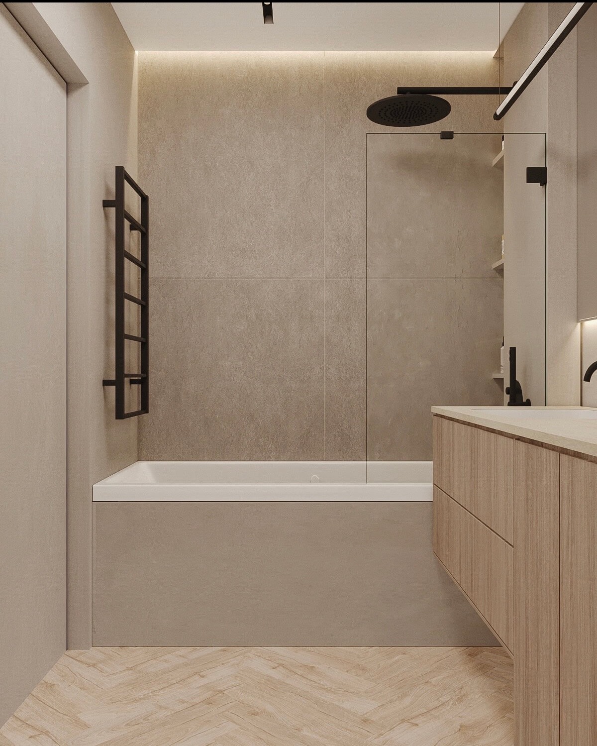 Nowoczesna łazienka w neutralnych beżach z parkietem w jodełkę, czarną armaturą i grzejnikiem drabinkowym, minimalistyczny design.