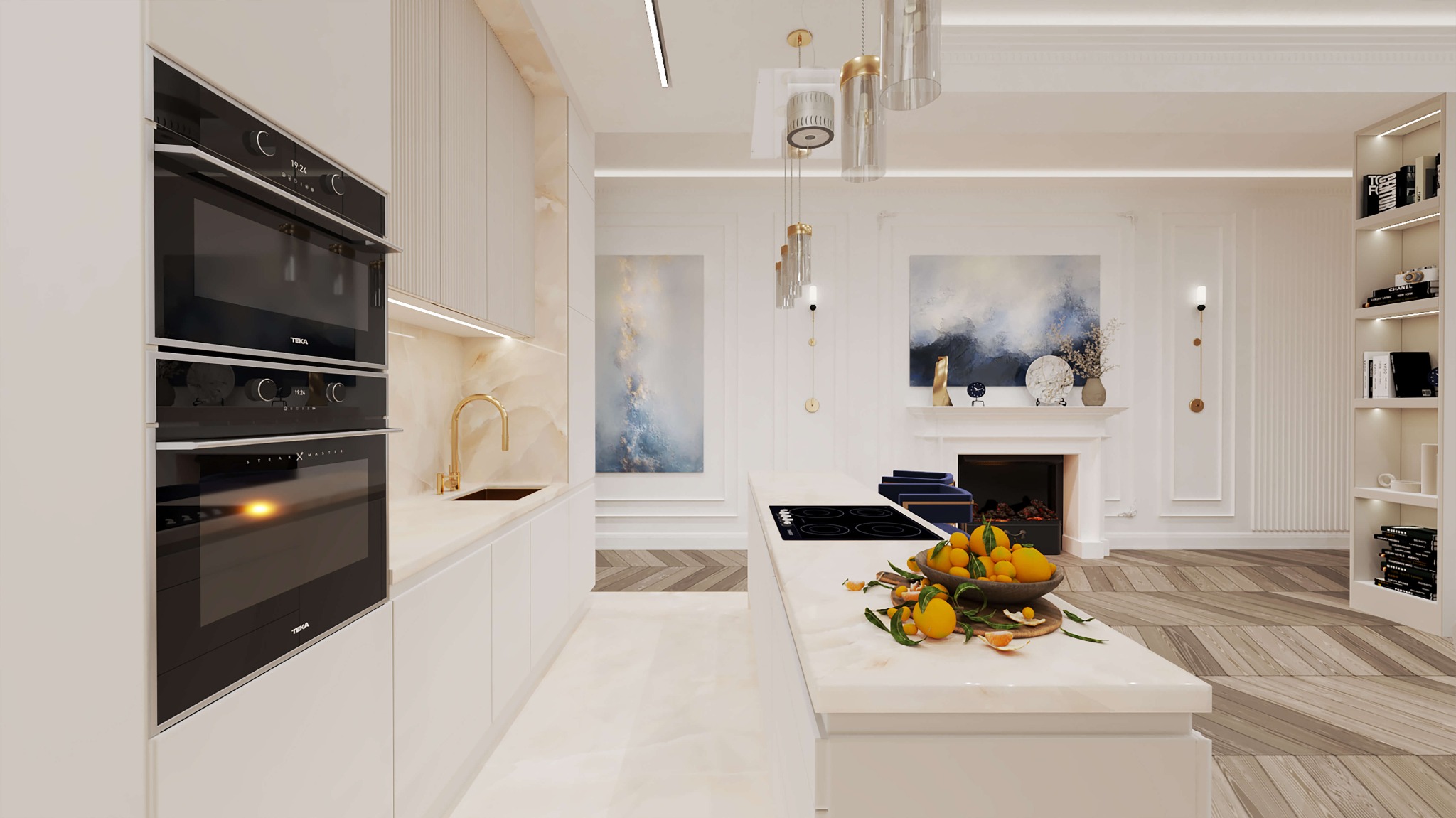 Elegancka kuchnia w odcieniach bieli i złota z marmurowymi blatami, wyposażona w nowoczesne piekarniki Teka i płytę indukcyjną na wyspie, z owocami cytrusowymi w drewnianej misie. W tle salon...