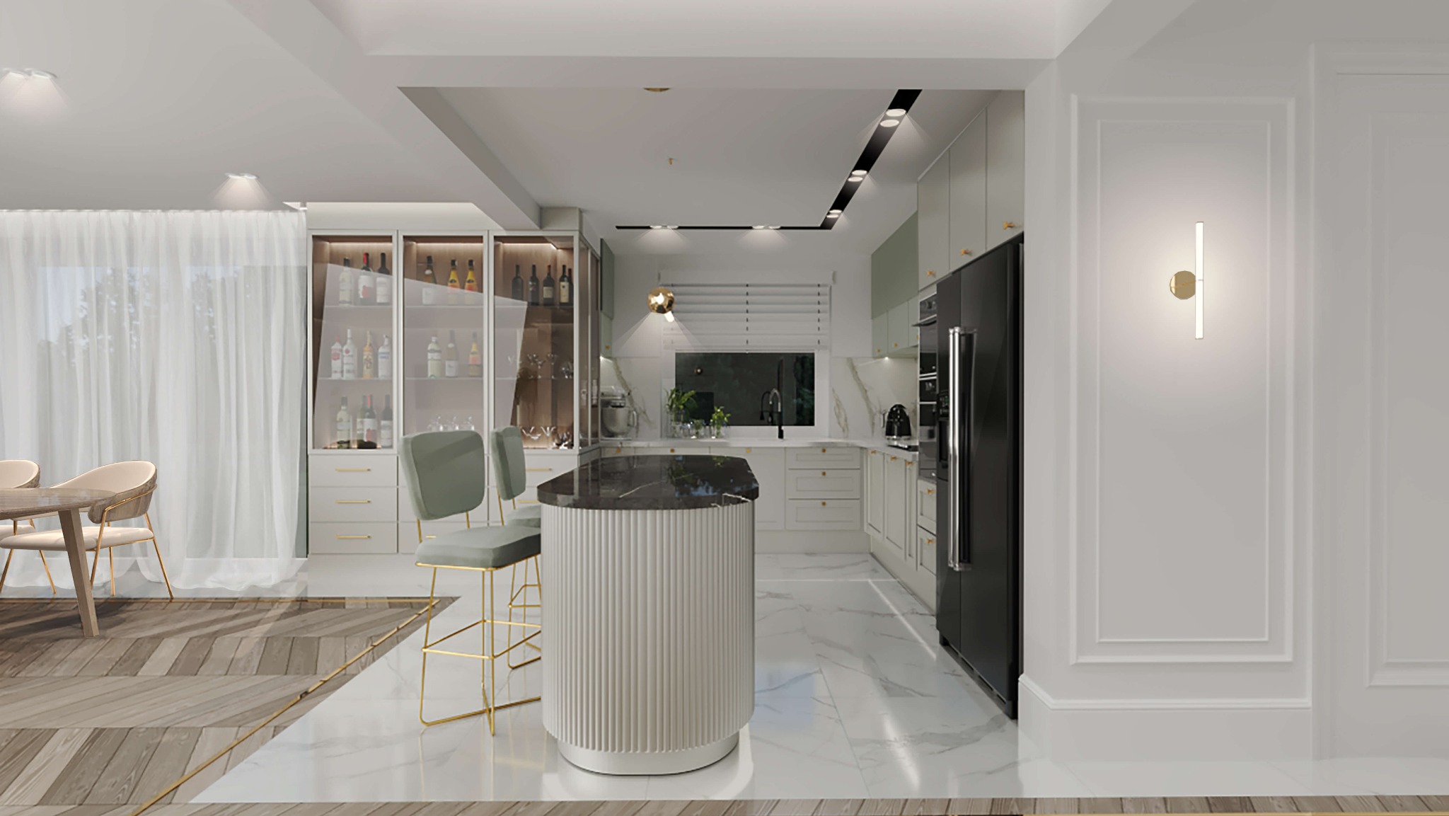 Nowoczesna kuchnia z wyspą o ryflowanej powierzchni, marmurowym blatem i złotymi hokerami, połączona z jadalnią z drewnianą podłogą w jodełkę.