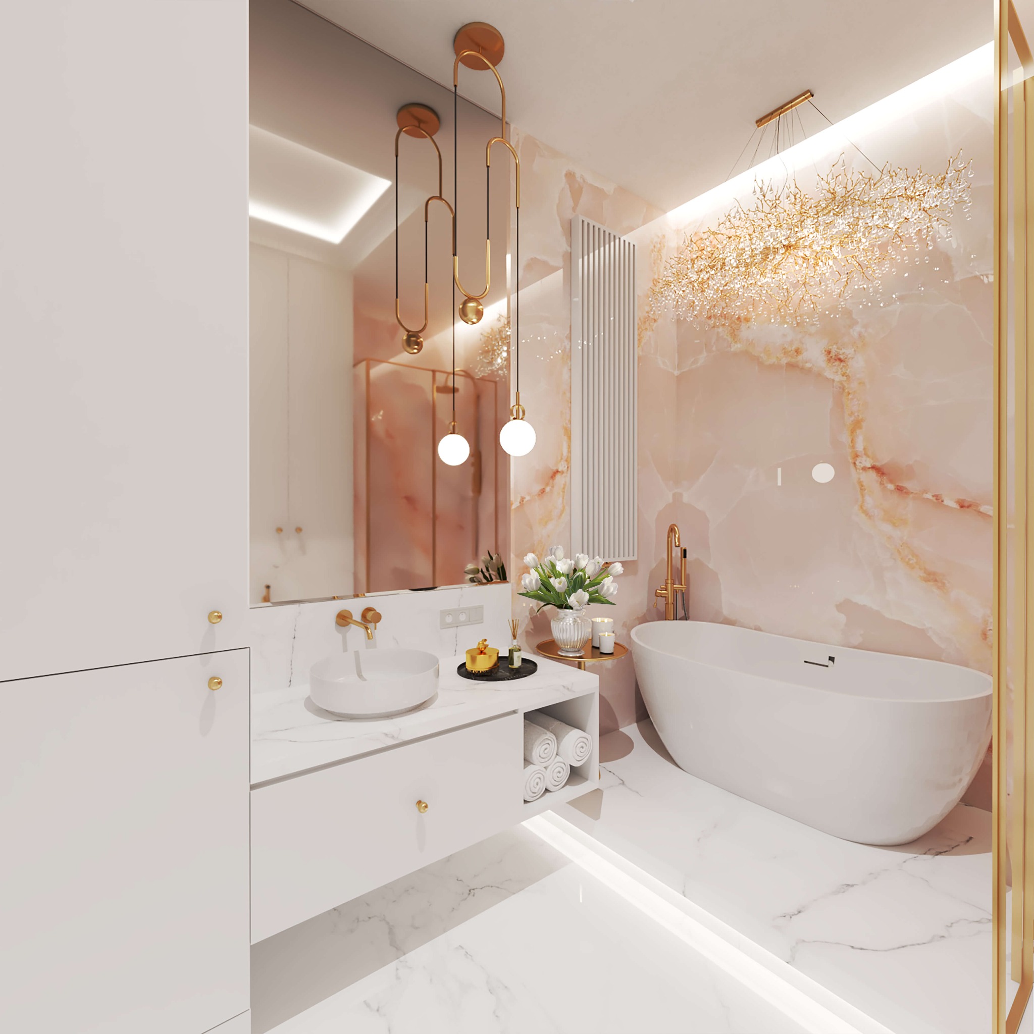 Elegancka łazienka z marmurowymi ścianami w odcieniach różu, wolnostojąca wanna, umywalka nablatowa na białej szafce z marmurowym blatem, złote akcenty w postaci baterii i lamp, białe tulipany...