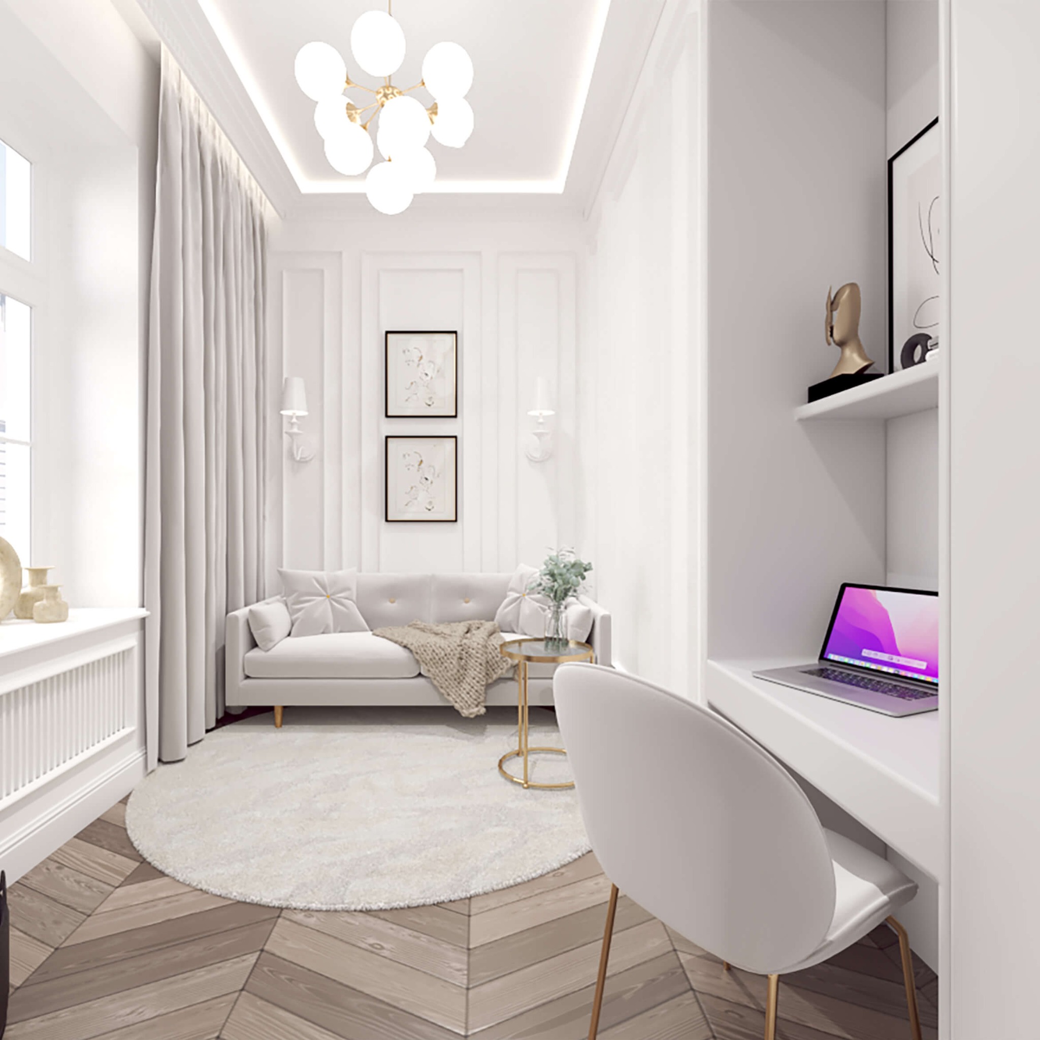 Jasne wnętrze z sofą, okrągłym dywanem i biurkiem z laptopem, oświetlone nowoczesnym żyrandolem, wykończone w minimalistycznym stylu.