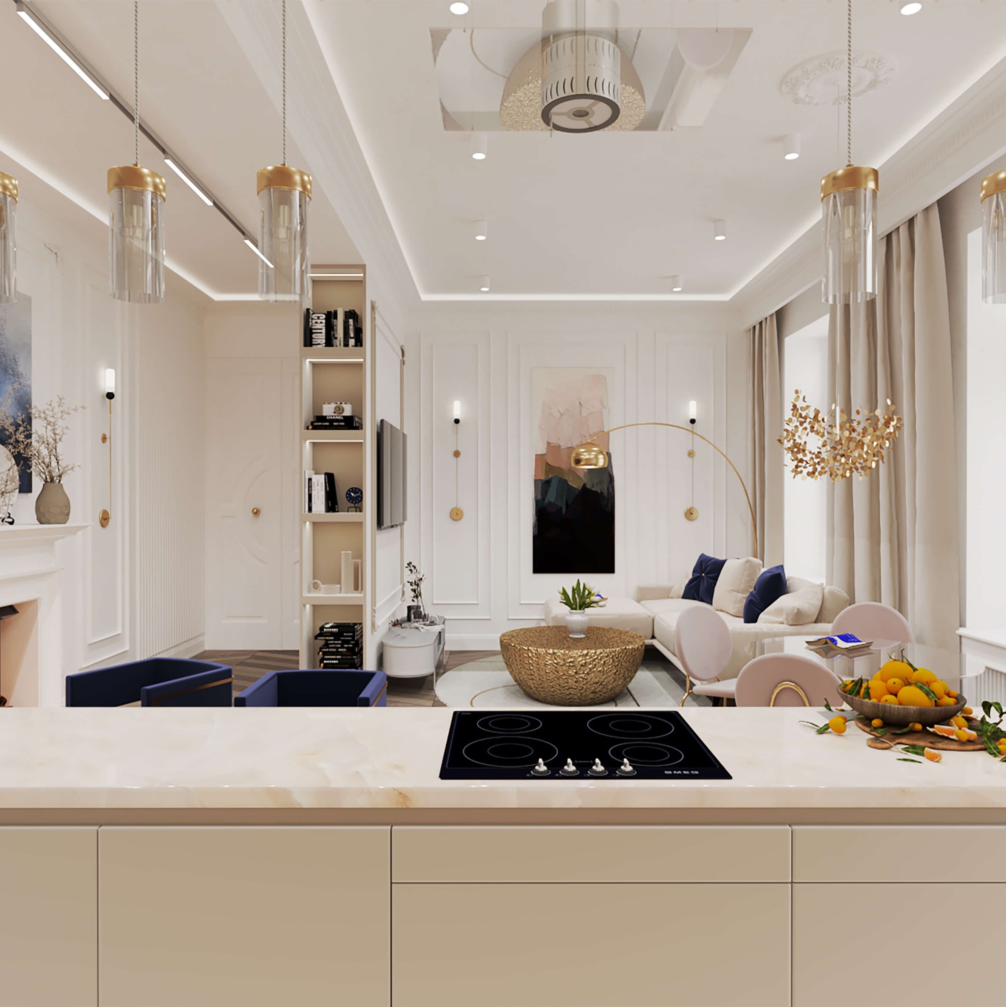 Eleganckie wnętrze salonu z aneksem kuchennym, widok z perspektywy blatu kuchennego z płytą indukcyjną i misą cytrusów, w tle sofa, stolik kawowy i dekoracyjne oświetlenie.