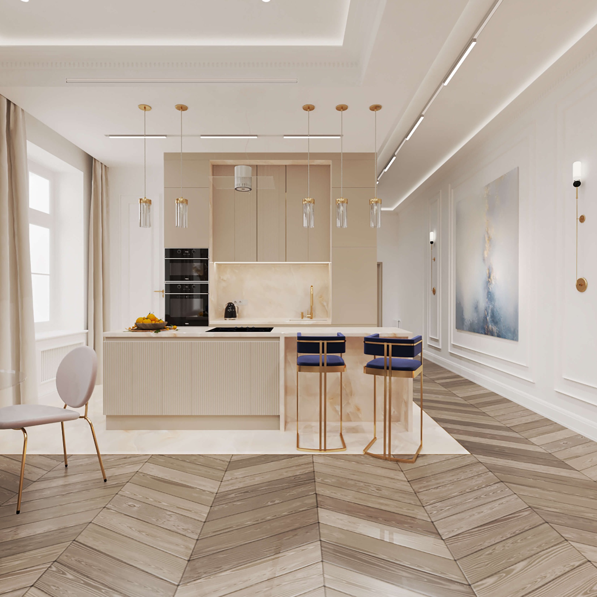 Jasna kuchnia z wyspą, dwoma niebieskimi hokerami na złotych nogach, parkietem w jodełkę i obrazem w tle.