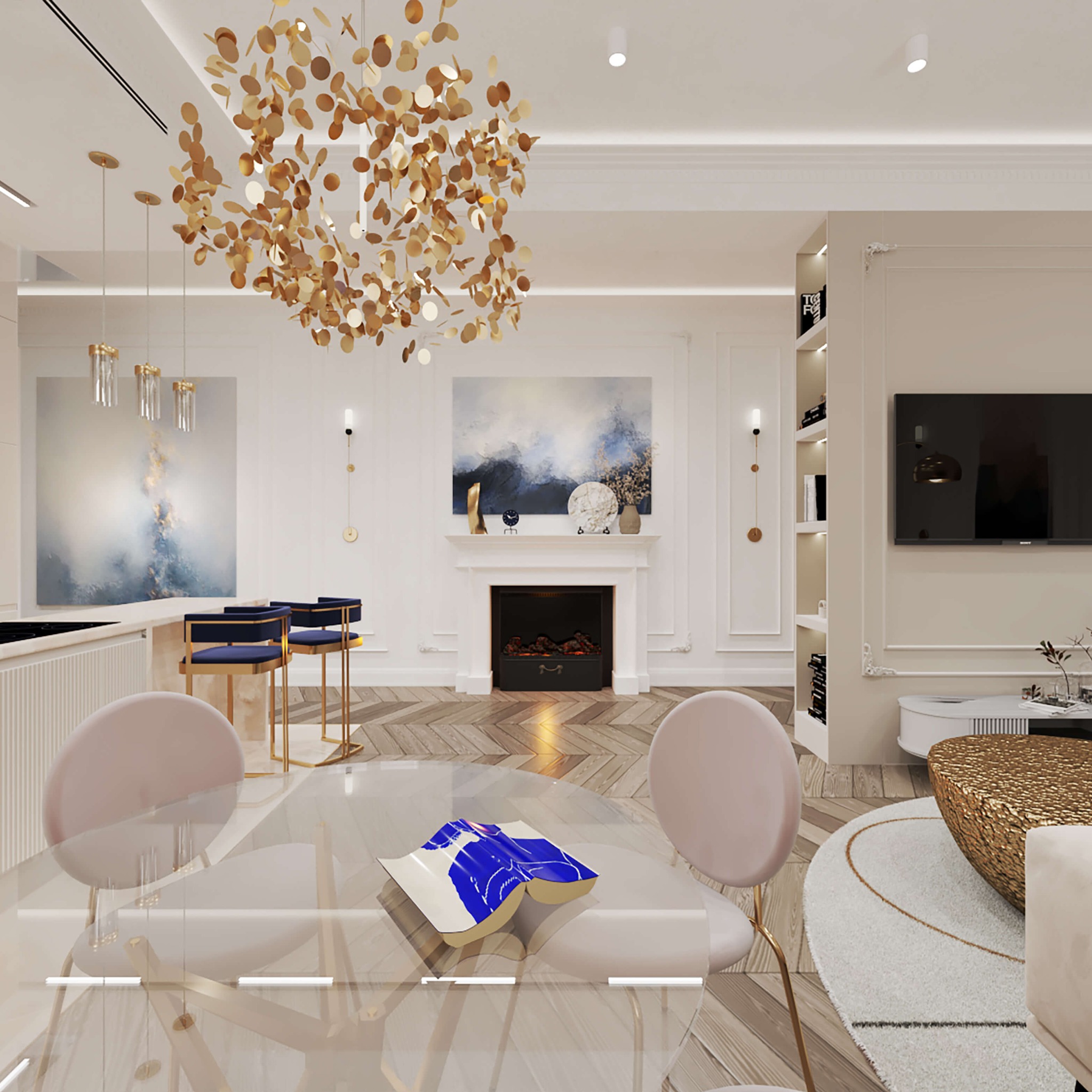 Elegancka aranżacja salonu z okrągłym, szklanym stołem, różowymi krzesłami i dekoracyjnym żyrandolem z elementami w kolorze złota, uzupełniona o kominek i abstrakcyjne obrazy.