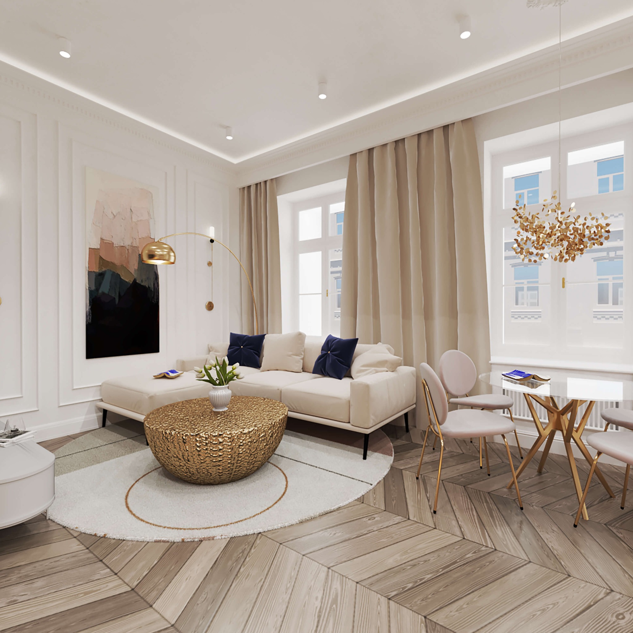 Jasny salon z parkietem w jodełkę, beżową sofą z granatowymi poduszkami, złotym stolikiem kawowym i abstrakcyjnym obrazem na ścianie.