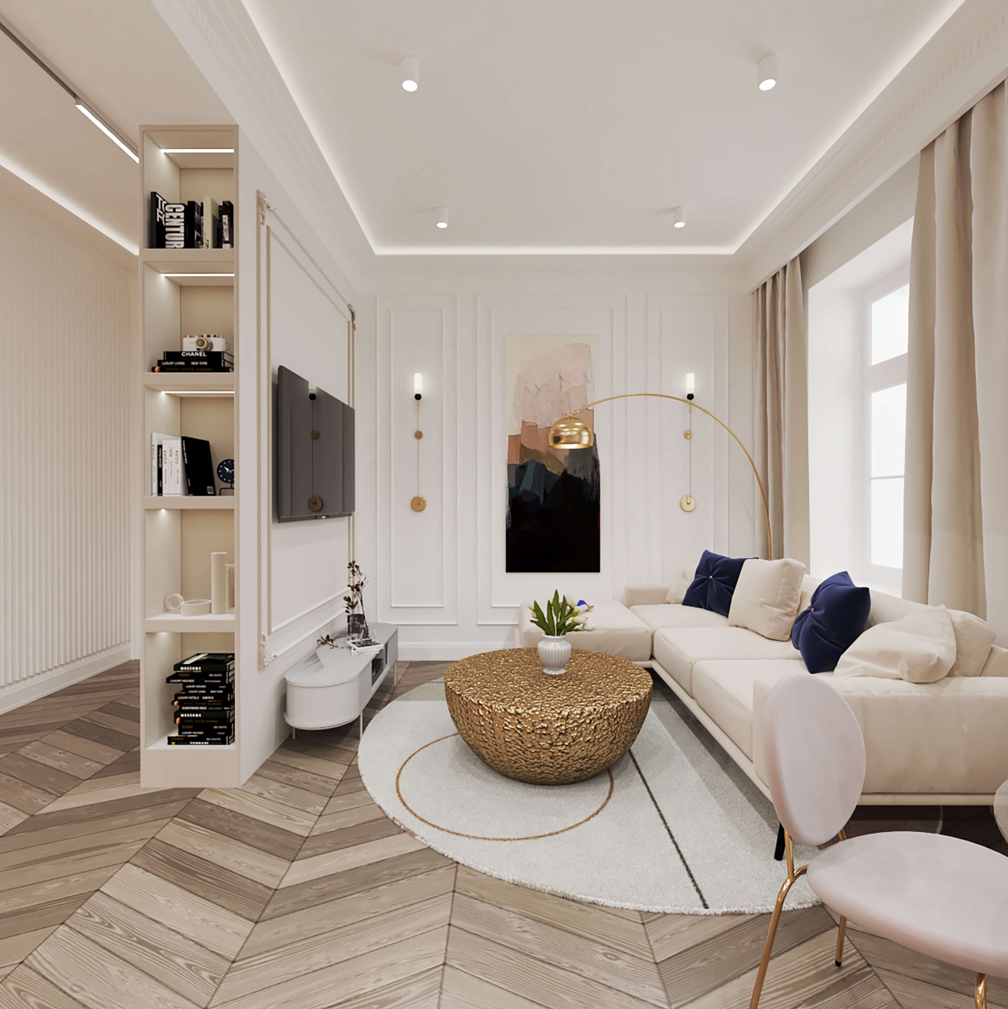 Jasne wnętrze salonu z parkietem w jodełkę, kremową sofą z granatowymi poduszkami, złotym stolikiem kawowym i abstrakcyjnym obrazem na ścianie.