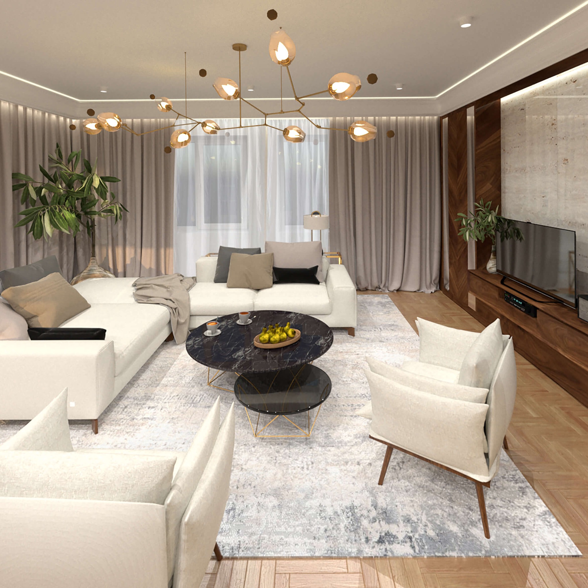 Jasny salon z narożną sofą, marmurowym stolikiem kawowym i złotą lampą wiszącą w stylu pająka.