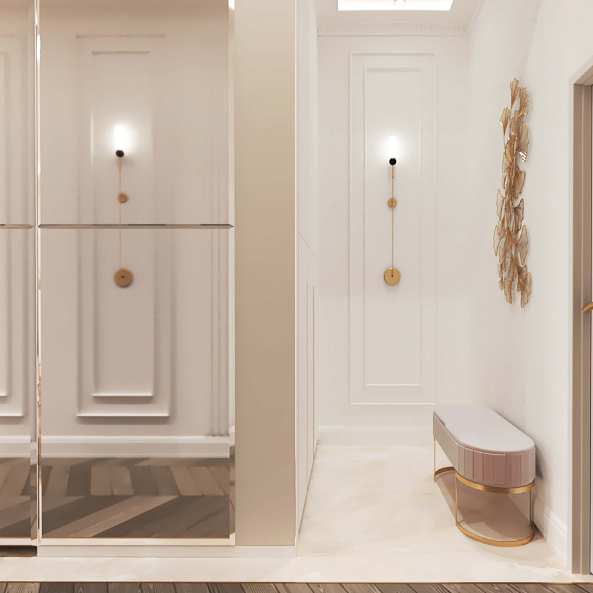 Jasny korytarz z lustrzaną szafą wnękową, dekoracyjną metalową ozdobą na ścianie i małą tapicerowaną ławką na złotych nóżkach.