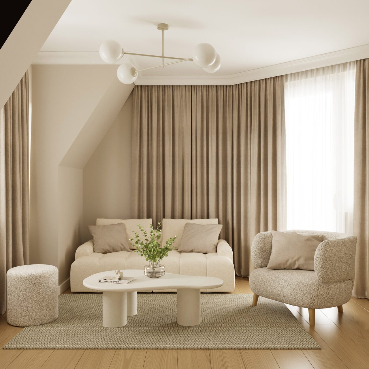 Jasne wnętrze: sofa z poduszkami, fotel boucle, okrągły stolik z wazonem i książką, pufa, beżowe zasłony, drewniana podłoga i nowoczesna lampa sufitowa.