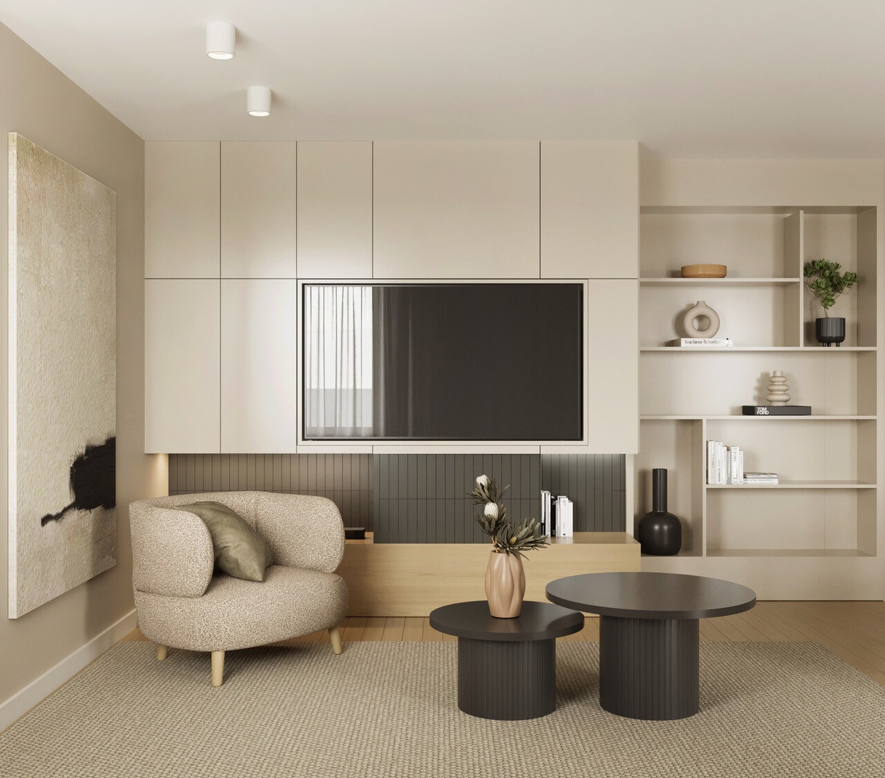 Jasne wnętrze salonu w Warszawie: beżowe szafki, telewizor, okrągły fotel z poduszką, stoliki kawowe i regał z dekoracjami. Minimalistyczny design z obrazem na ścianie.