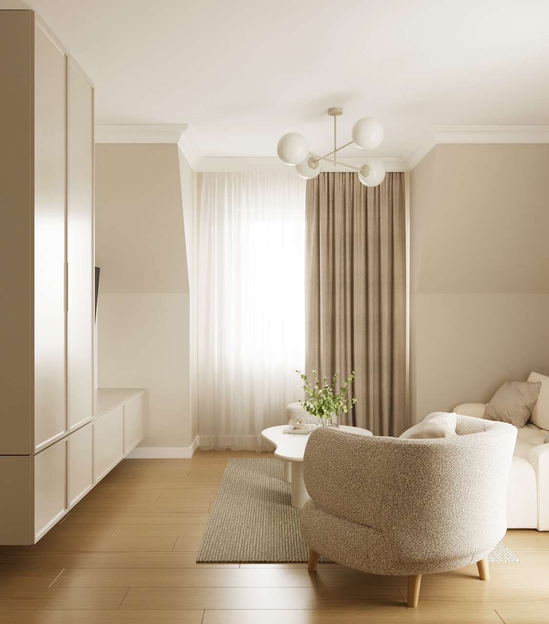 Jasne wnętrze pokoju dziennego z beżowym fotelem, dywanem i zasłonami. Minimalistyczny design z nowoczesną lampą i drewnianą podłogą. Stonowana kolorystyka.