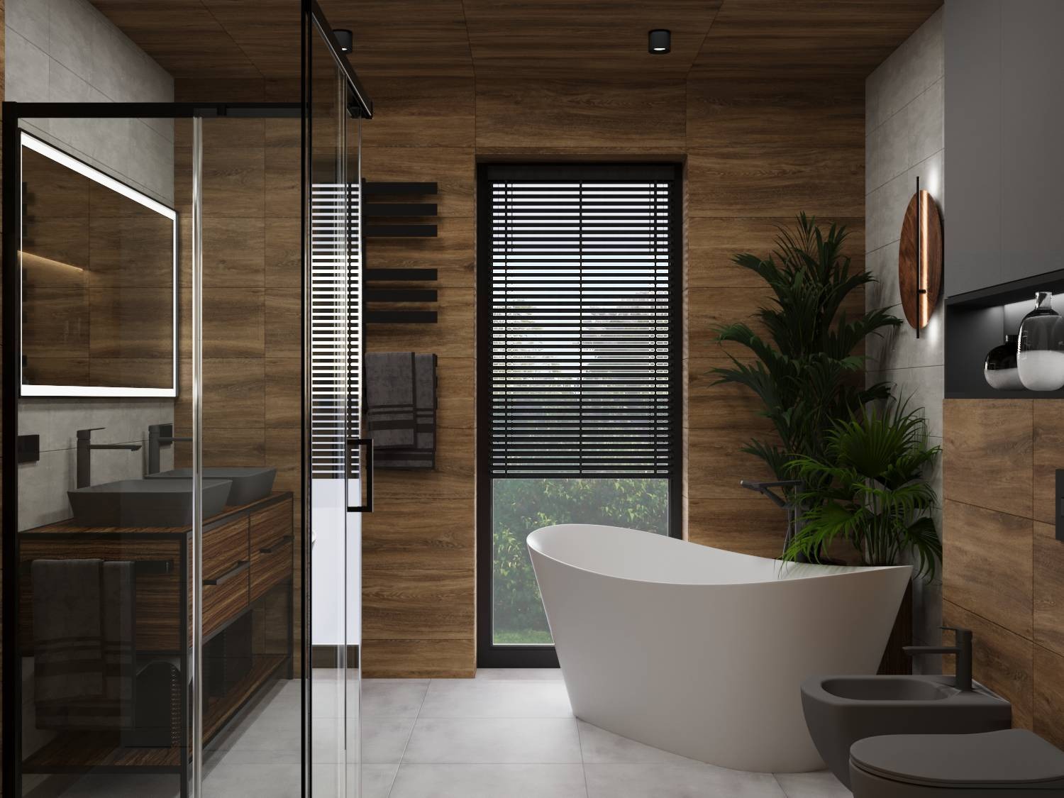 Nowoczesna łazienka z drewnianymi panelami, wolnostojącą wanną i kabiną prysznicową ze szklanymi drzwiami. Minimalistyczny design, roślina doniczkowa dodaje naturalnego akcentu.