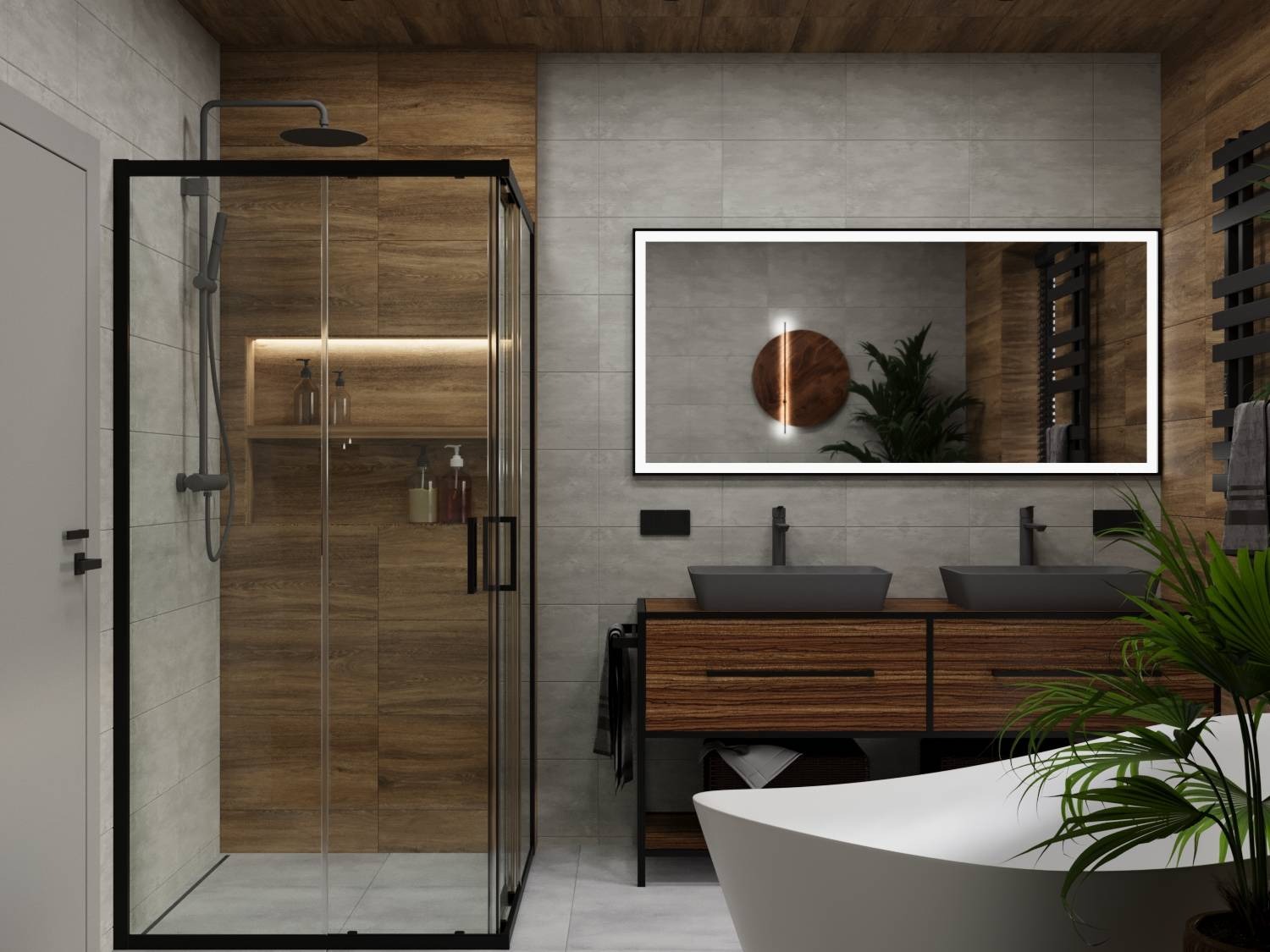Nowoczesna aranżacja łazienki w Warszawie: kabina prysznicowa typu walk-in, podwójna umywalka na drewnianej szafce i podświetlane lustro. Minimalistyczny design.