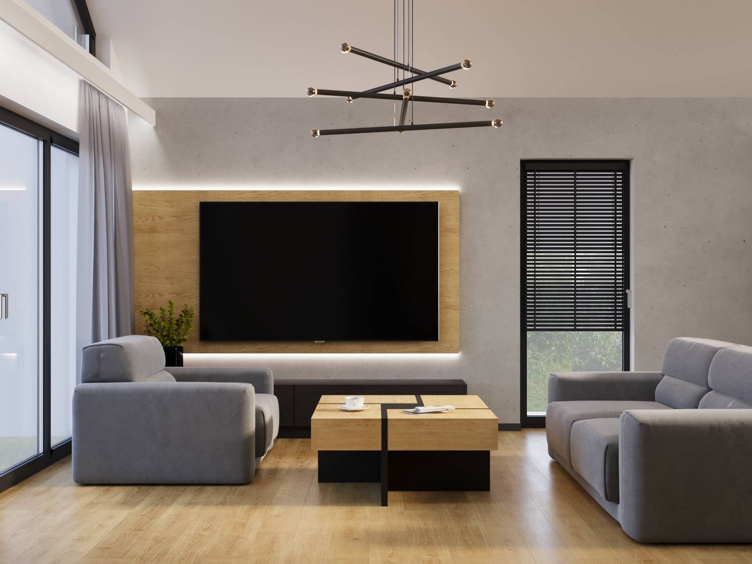 Nowoczesny salon z szarą sofą, drewnianą podłogą i ścianą z telewizorem w drewnianej ramie z podświetleniem LED. Minimalistyczny stolik kawowy i designerska lampa.