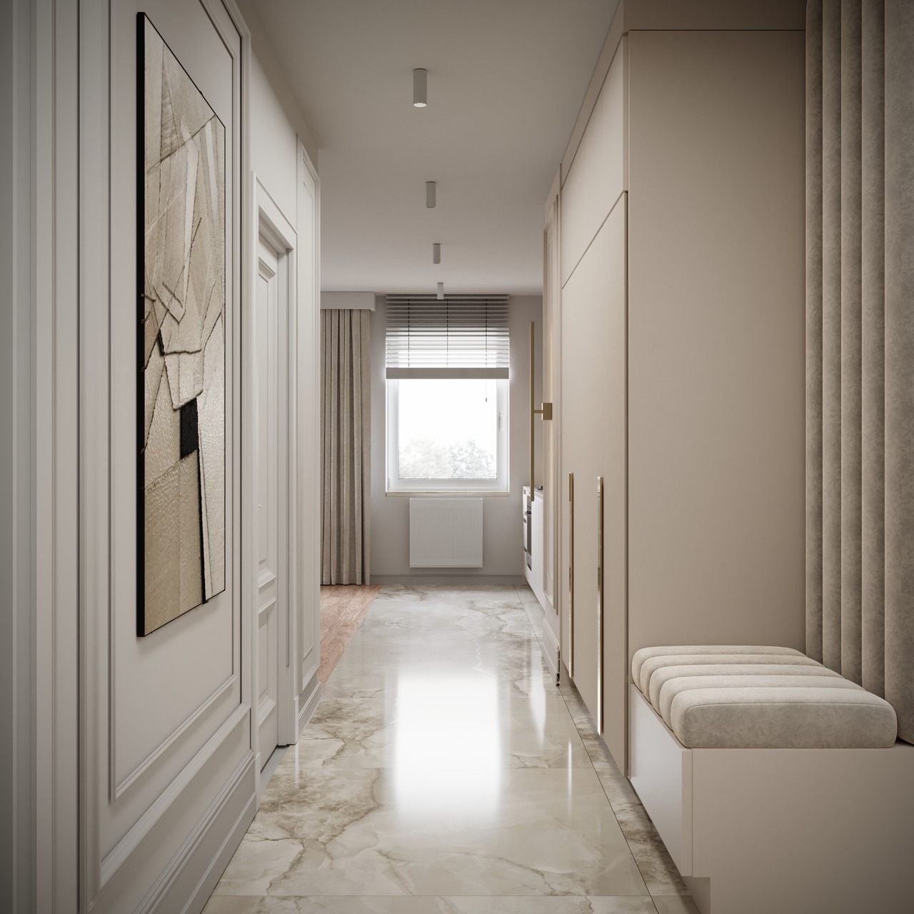 Korytarz w jasnych barwach z marmurową podłogą. Na ścianie abstrakcyjny obraz, obok zabudowa meblowa z siedziskiem. W tle okno z żaluzjami i grzejnik.
