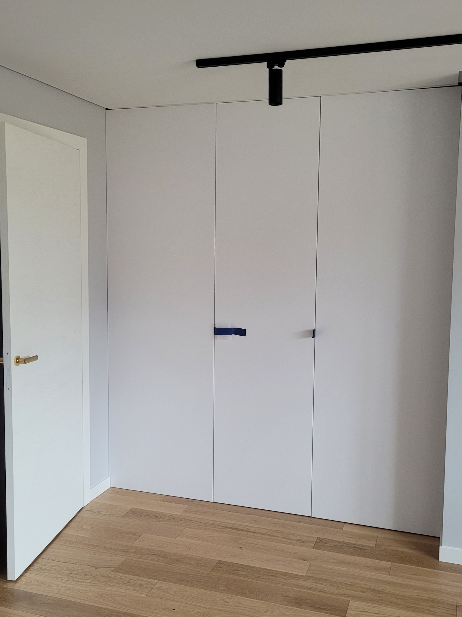 Biała szafa wnękowa z subtelnymi, niebieskimi uchwytami, wkomponowana w przestrzeń z drewnianą podłogą i punktowym oświetleniem sufitowym.