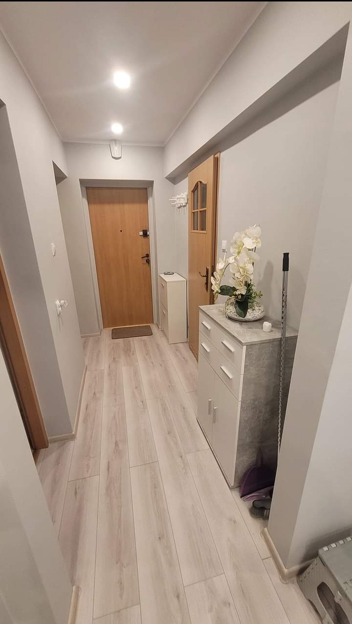 Jasny korytarz po remoncie z panelami podłogowymi imitującymi drewno, szarą farbą na ścianach, dwojgiem drzwi, białymi meblami i dekoracyjnymi kwiatami w wazonie.