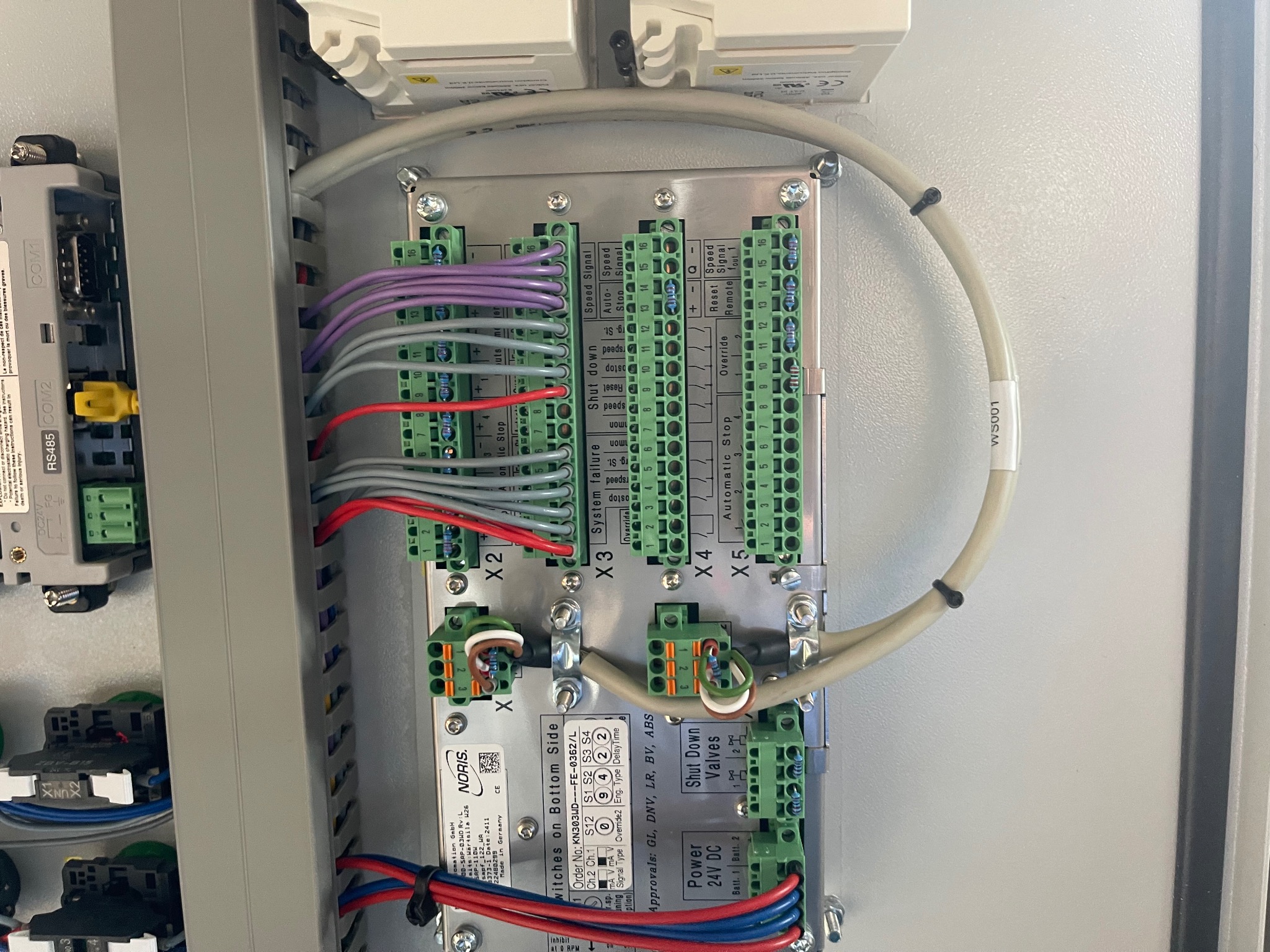 Wnętrze szafy sterowniczej w Gdańsku z widocznymi modułami z zielonymi złączkami, przewodami w różnych kolorach i etykietami opisującymi funkcje. Widoczny kabel oznaczony WS001.