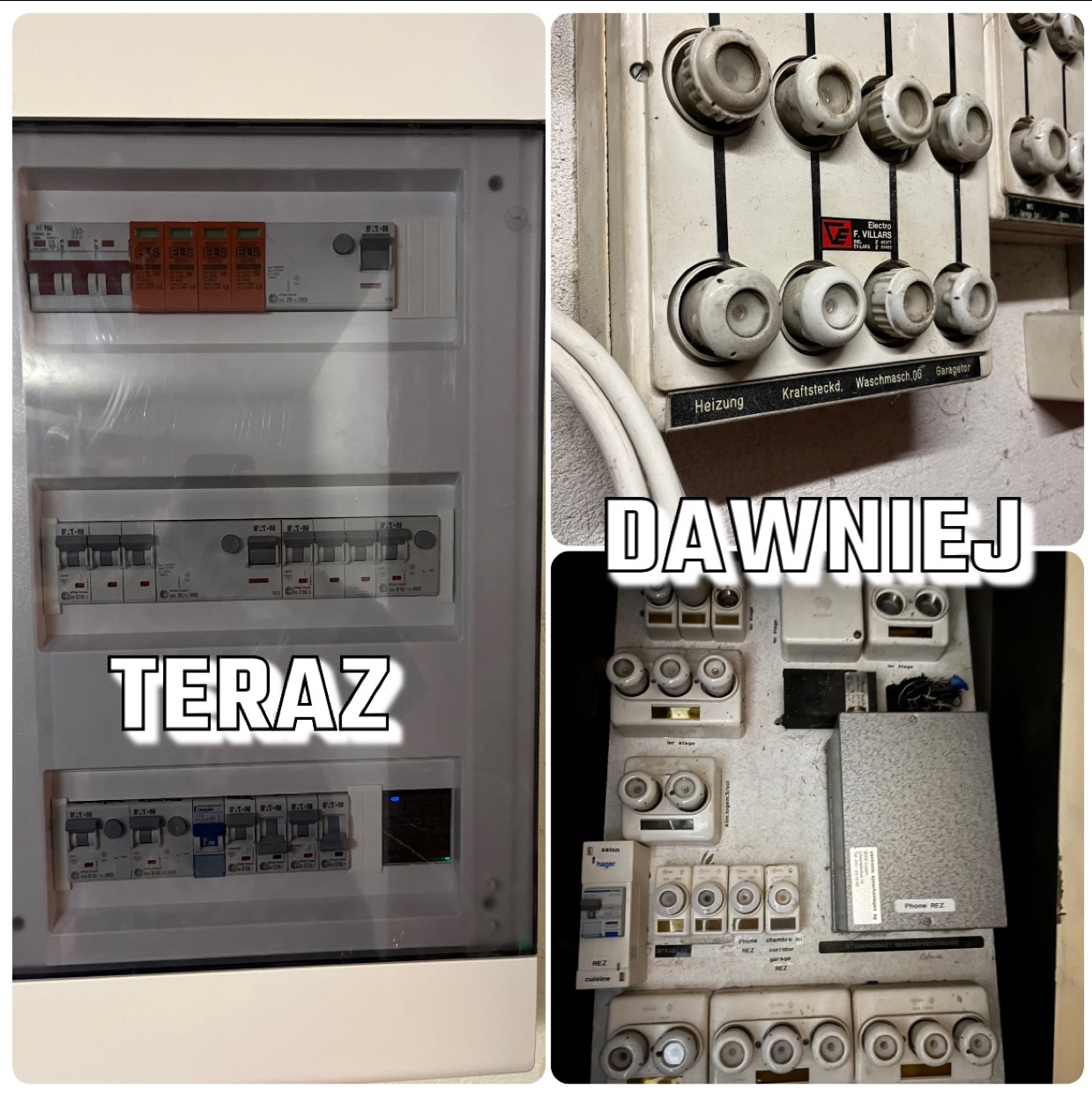 Porównanie starej i nowej instalacji elektrycznej: po lewej nowoczesna skrzynka z bezpiecznikami EATON, po prawej przestarzałe bezpieczniki topikowe z opisami w języku niemieckim.