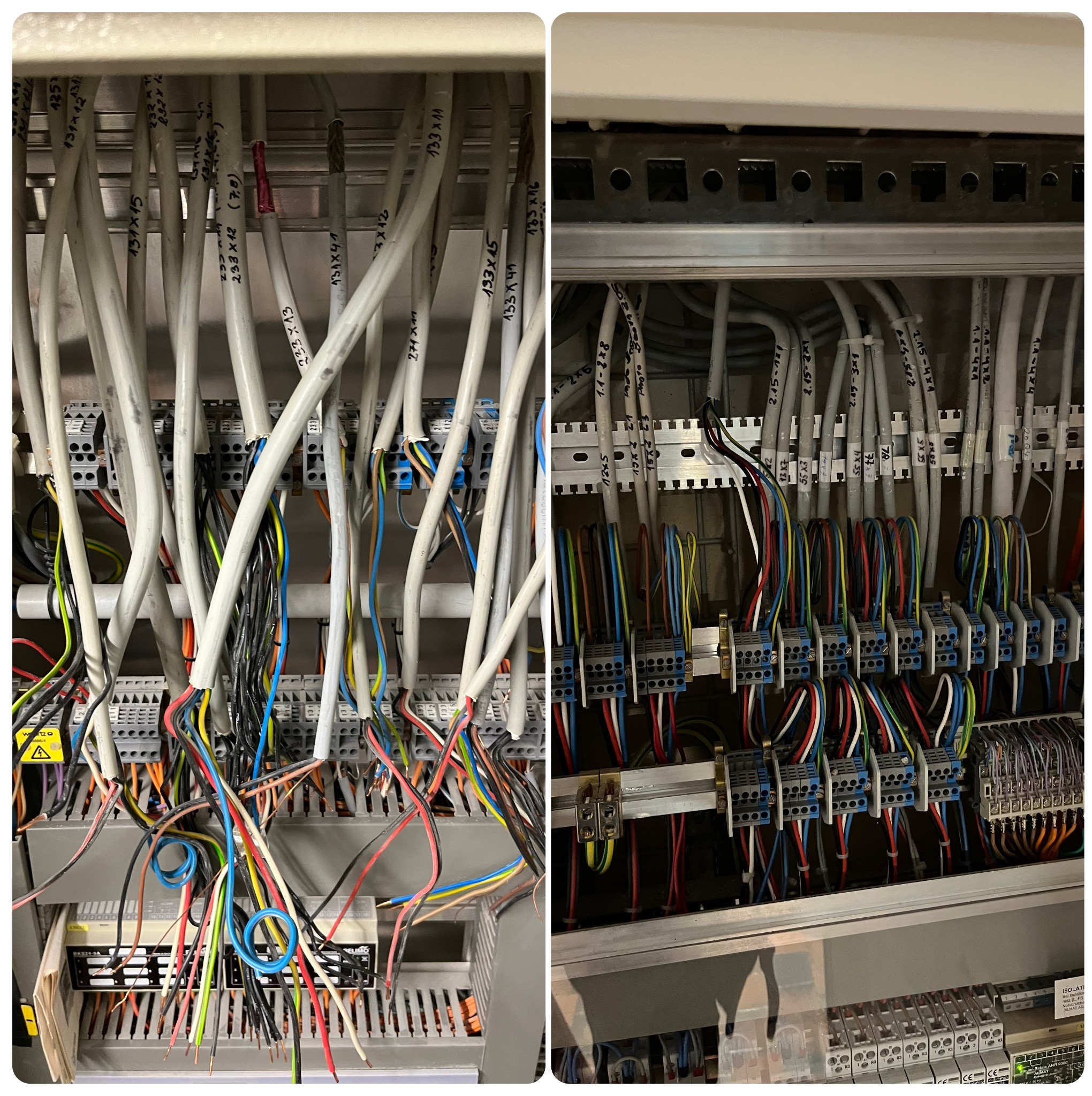 Rozdzielnica elektryczna w trakcie prac, widoczne kable oznaczone numerami, podłączone do listew zaciskowych, po lewej stronie kable nieuporządkowane, po prawej uporządkowane i podłączone.