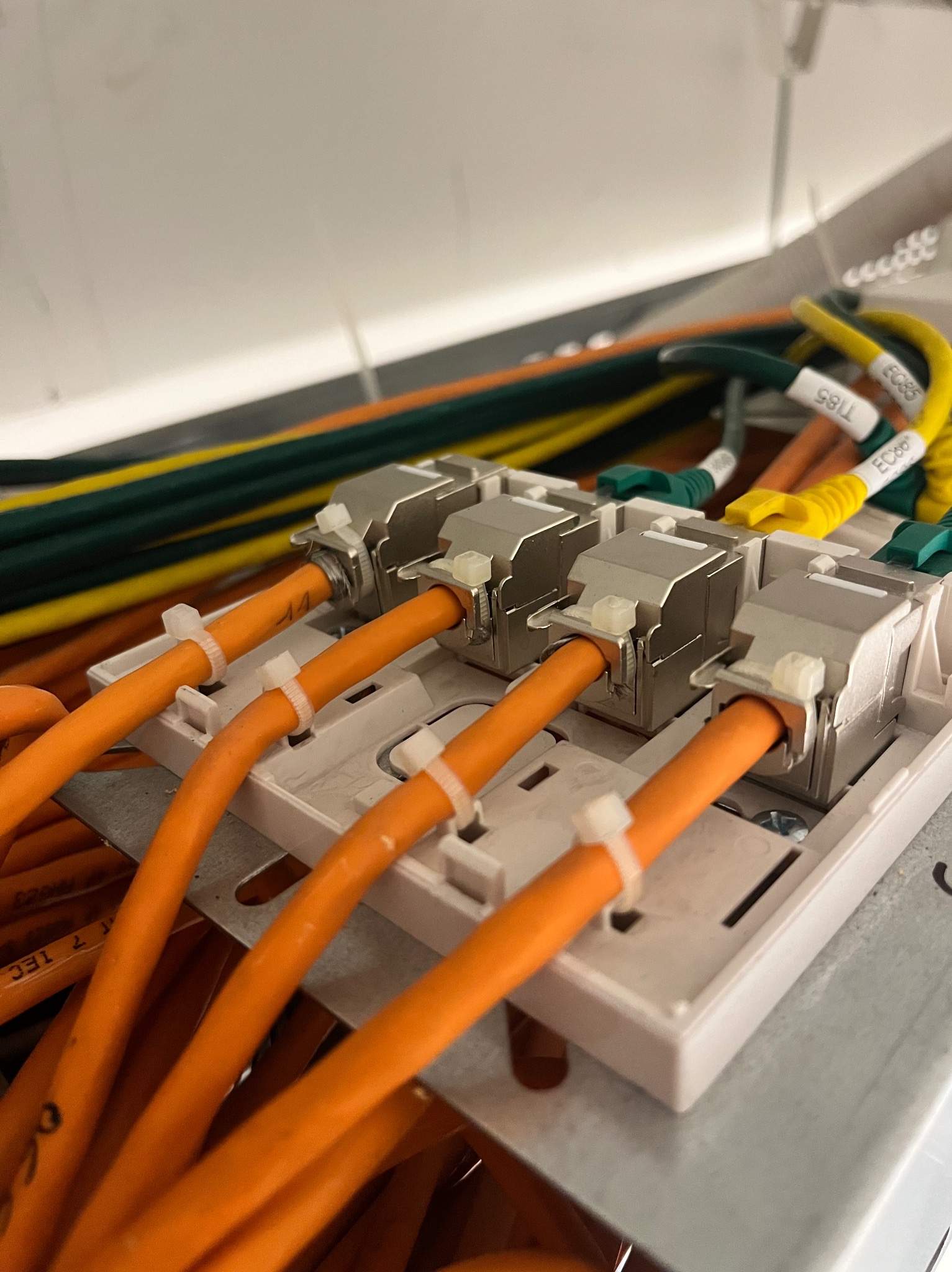 Szczegółowe ujęcie pomarańczowych kabli sieciowych zakończonych złączami Keystone, uporządkowanych w panelu krosowym. Widoczne oznaczenia na kablach w kolorach żółtym i zielonym.
