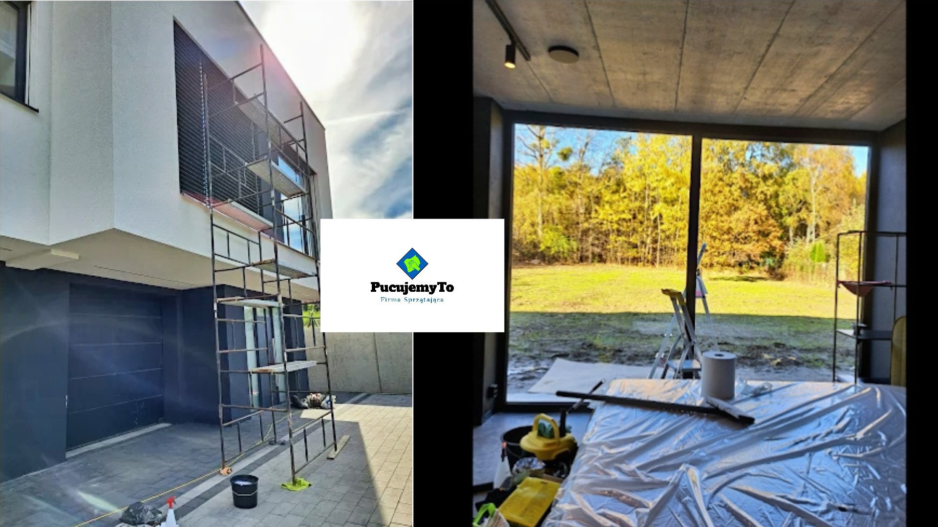 Dwu-częściowe zdjęcie: po lewej rusztowanie przy nowoczesnym domu podczas prac na zewnątrz, po prawej zabezpieczone folią pomieszczenie z dużym oknem, widok na jesienny ogród, w tle drabina.