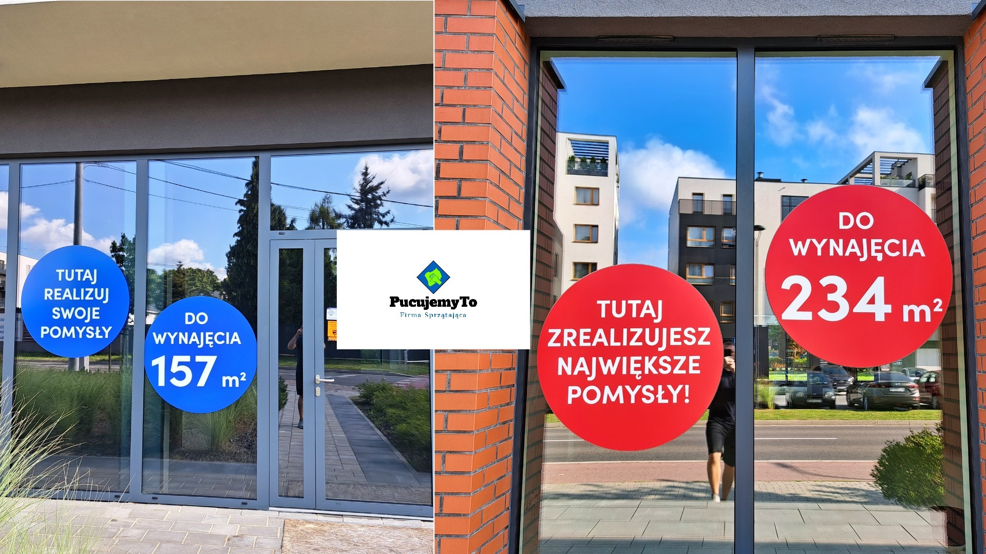Logo firmy sprzątającej PucujemyTo, umieszczone na tle wejścia do biura z naklejkami informującymi o powierzchni do wynajęcia: 157 m² i 234 m², odblask w szybie.