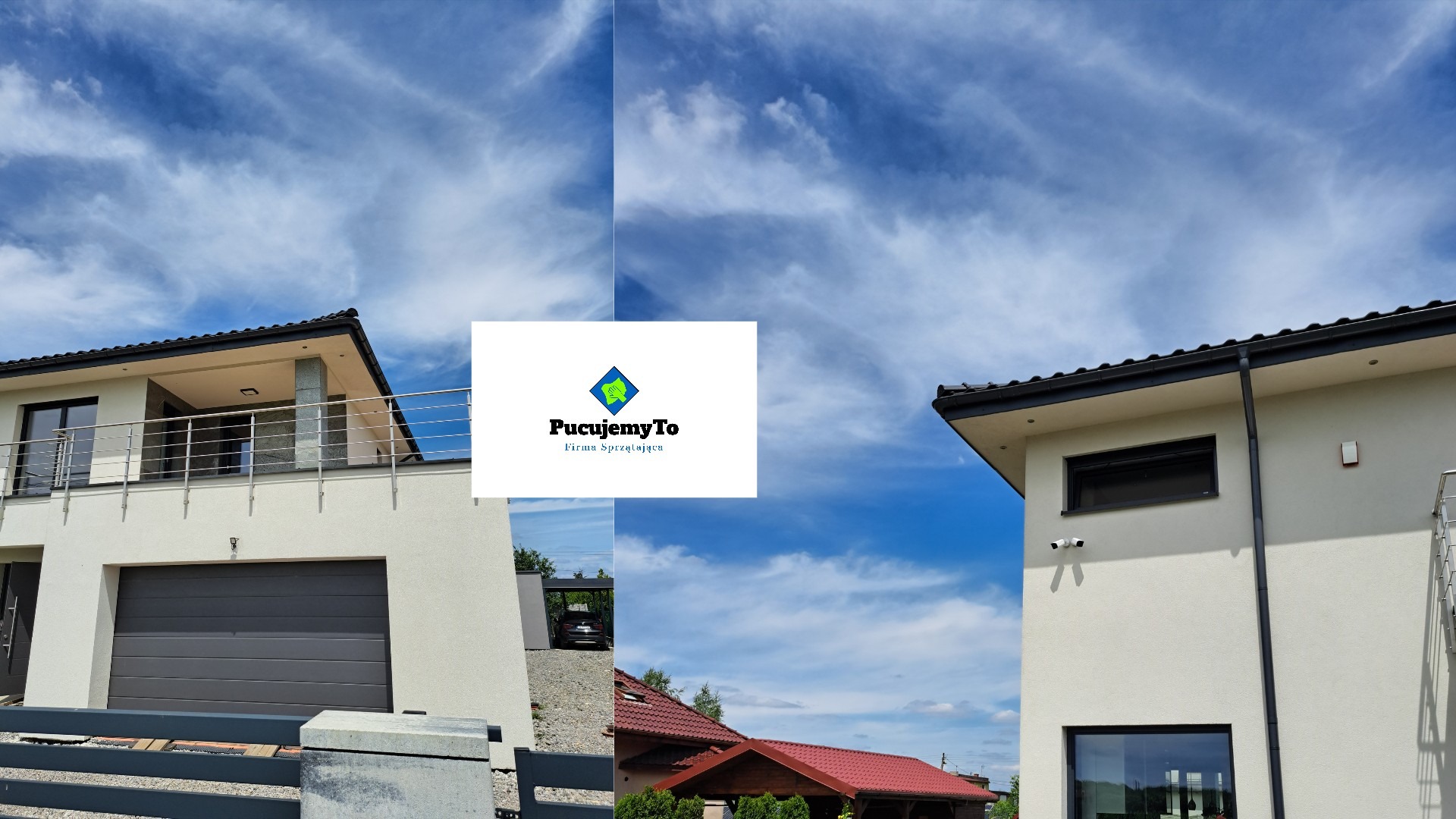 Kolaż przedstawiający fragmenty elewacji nowoczesnego domu jednorodzinnego na tle błękitnego nieba z chmurami, pośrodku logo firmy sprzątającej PucujemyTo.