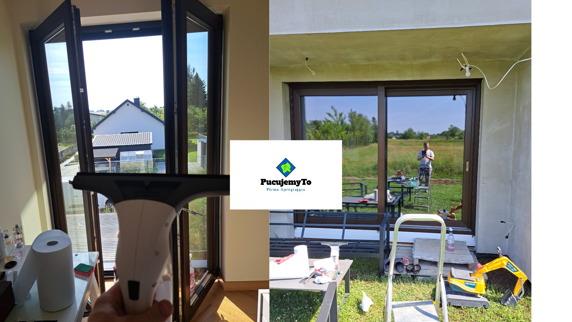 Czyszczenie okien panoramicznych za pomocą myjki elektrycznej, widok na dom i ogród, w tle osoba fotografująca odbicie w szybie, logo firmy sprzątającej nałożone na zdjęcie.