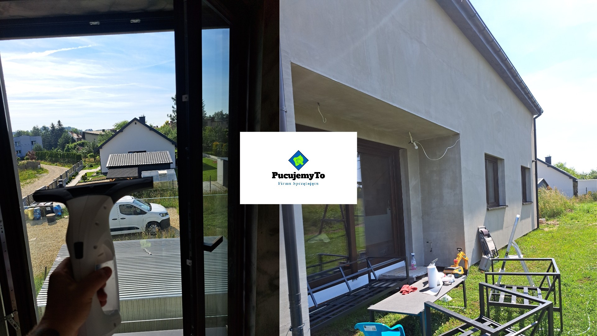 Czyszczenie okna z zewnątrz widoczne z wewnątrz, z logo firmy sprzątającej PucujemyTo nałożonym na zdjęcie, budynek w tle.