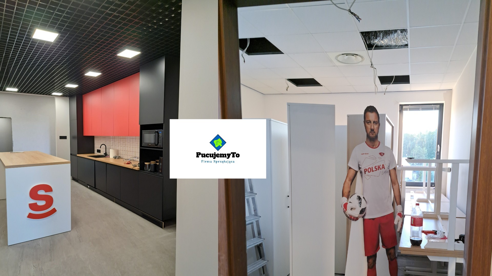 Dwa ujęcia biura po sprzątaniu: po lewej nowoczesna kuchnia z czerwonymi szafkami, po prawej przestrzeń biurowa z kartonową postacią piłkarza i niedokończonym sufitem podwieszanym.
