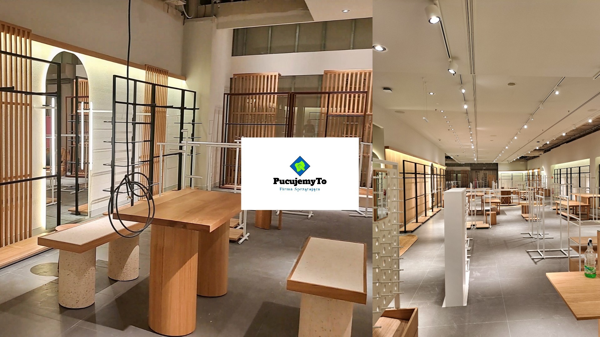 Wnętrze sklepu odzieżowego w trakcie sprzątania, widoczne drewniane i metalowe regały, stoły ekspozycyjne oraz logo firmy sprzątającej PucujemyTo nałożone na zdjęcie.