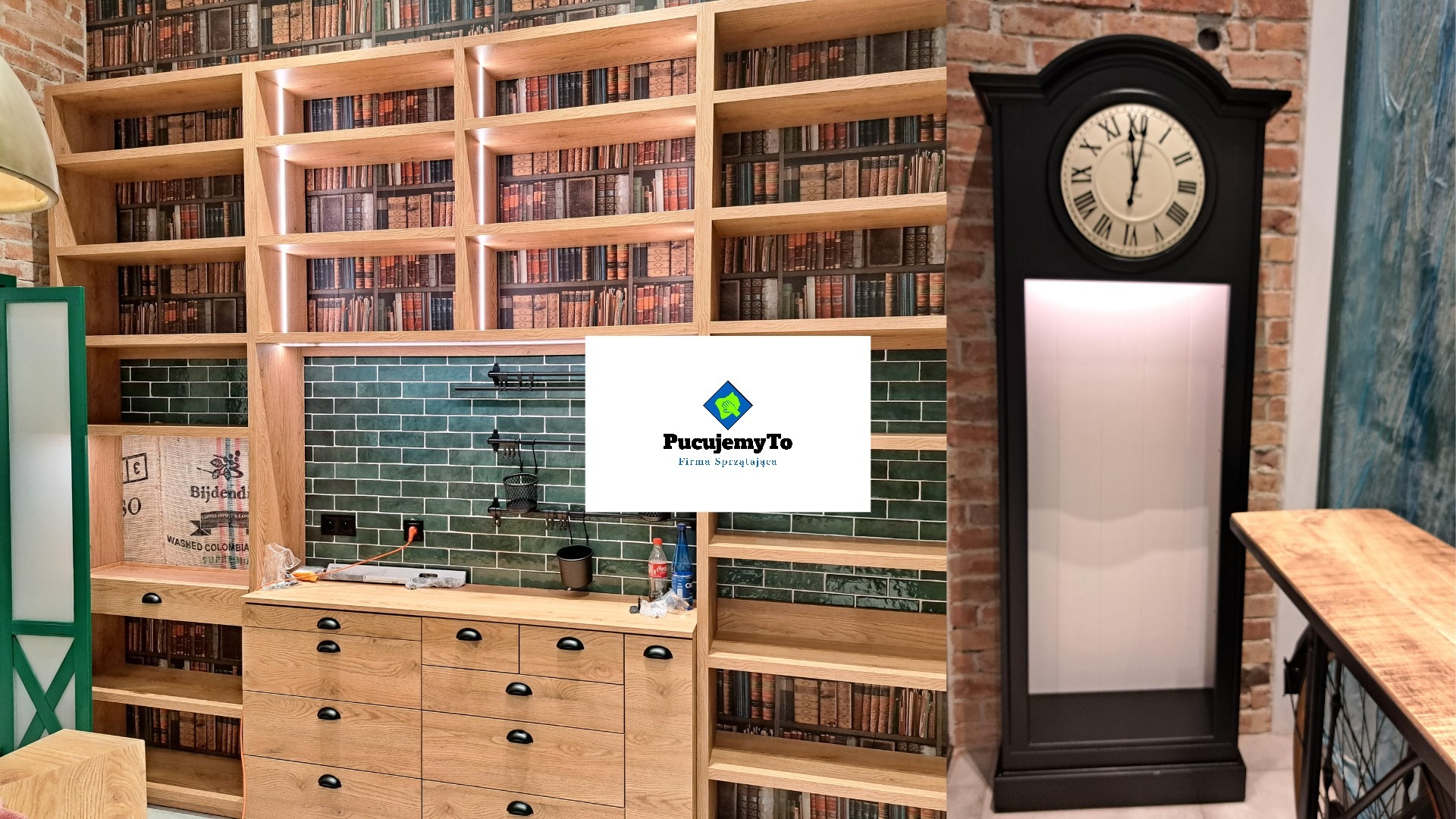 Zdjęcie przedstawia logo firmy sprzątającej 'PucujemyTo' z Katowic, umieszczone na tle wnętrza z regałem wypełnionym książkami, zieloną glazurą i drewnianymi szafkami. Po prawej stronie widoczny...