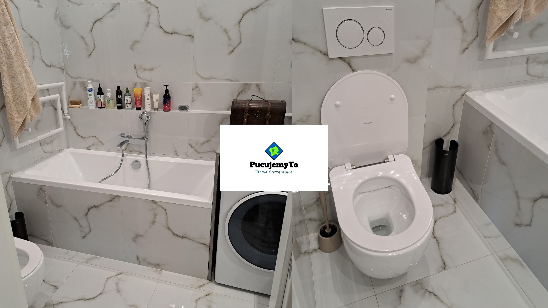 Wnętrze łazienki po sprzątaniu: białe marmurowe płytki, wanna z kosmetykami na półce, pralka, toaleta z otwartą klapą i czarnym pojemnikiem na szczotkę.
