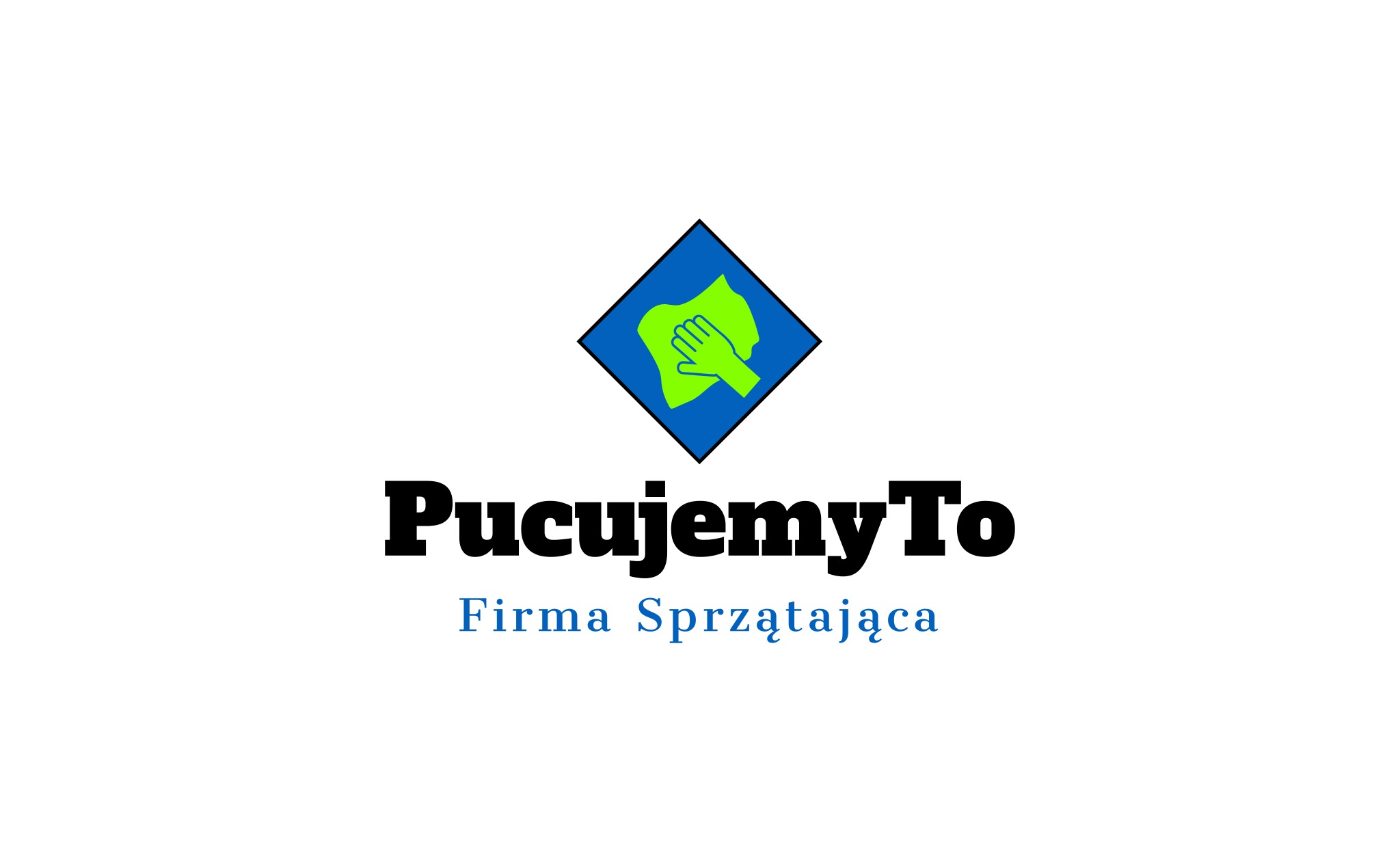 Logo firmy sprzątającej 'PucujemyTo' z symbolem dłoni czyszczącej powierzchnię w niebiesko-zielonej kolorystyce.