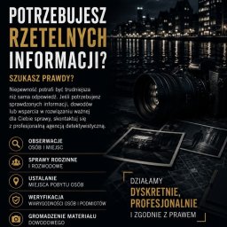 Prywatny detektyw MR - Grafika reklamowa agencji śledczej z ciemnym tłem nocnego miasta, aparatem fotograficznym i dwoma wydrukowanymi zdjęciami: ulicy z samochodami oraz postaci idącej w ciemności.