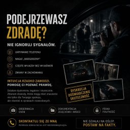 Prywatny detektyw MR - Prywatny śledczy w samochodzie, z profesjonalnym aparatem fotografuje parę w nocy. Obraz uzupełniają mniejsze zdjęcia: samochód, para, dłonie z telefonem.