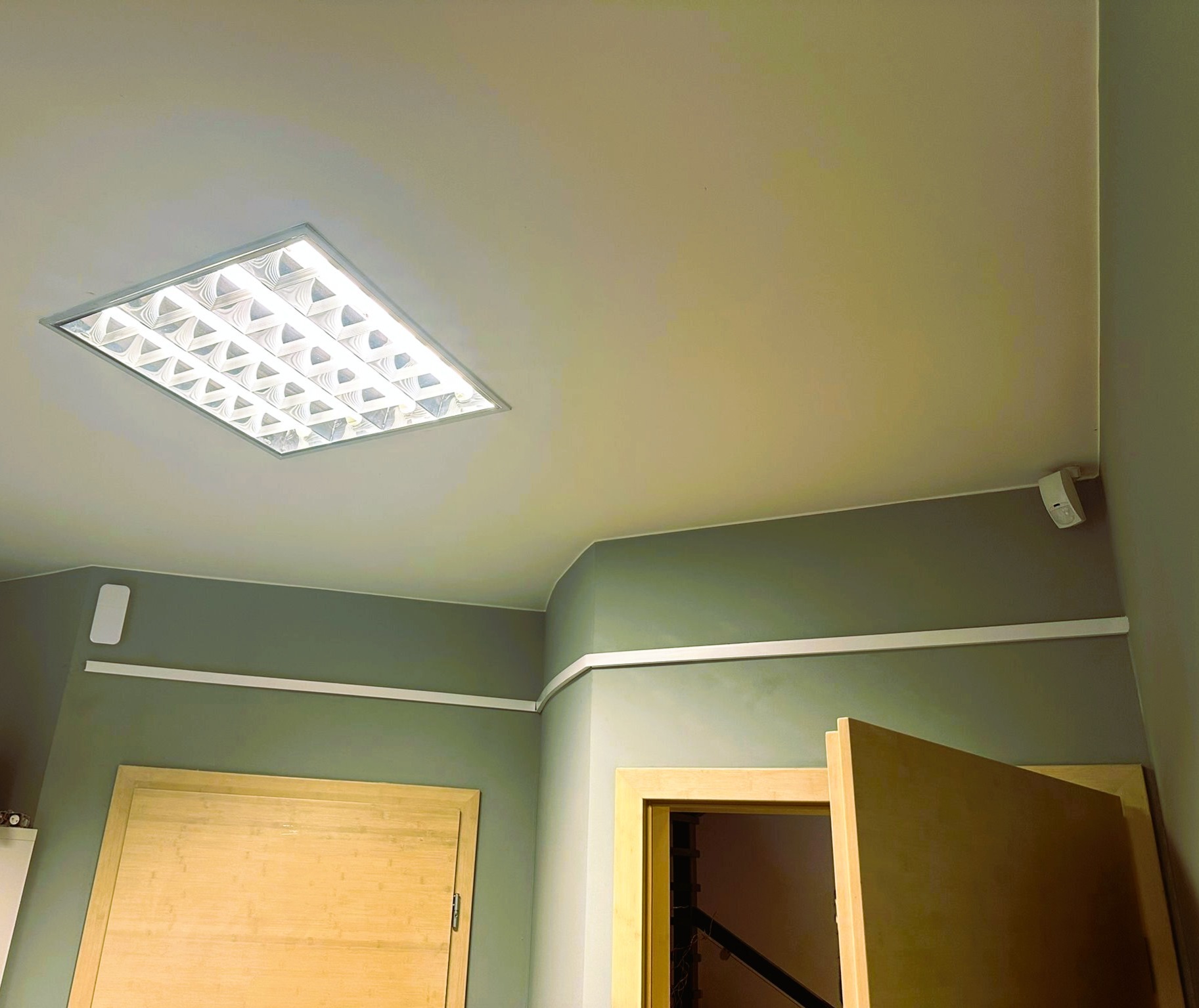 Sufit z wbudowaną kasetonową lampą rastrową, białe listwy przypodłogowe na oliwkowozielonych ścianach, drzwi z jasnego drewna w tle.