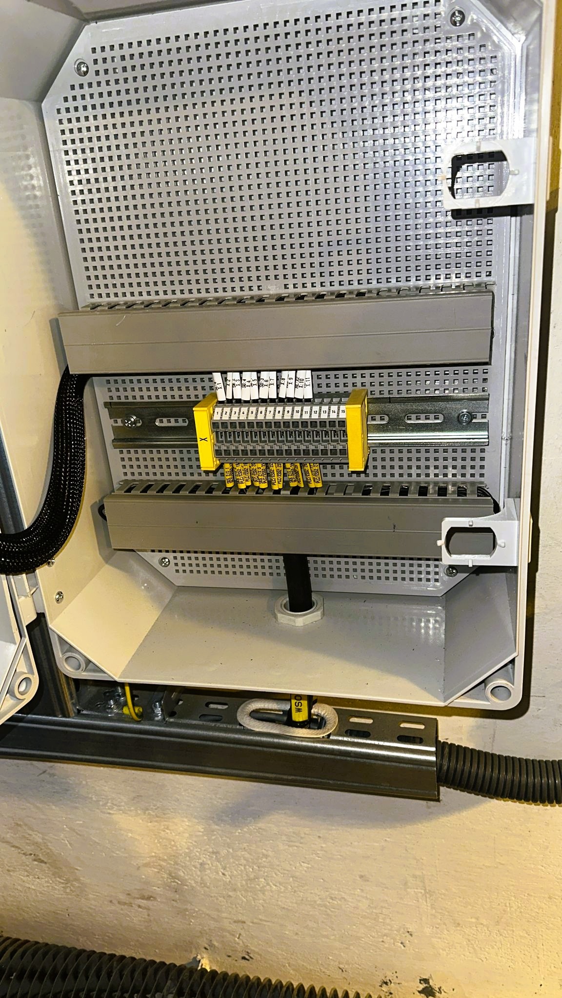 Wnętrze rozdzielnicy elektrycznej z widocznymi listwami zaciskowymi, przewodami w peszlu oraz perforowaną tylną ścianką obudowy, zamontowanej na szarej ścianie.