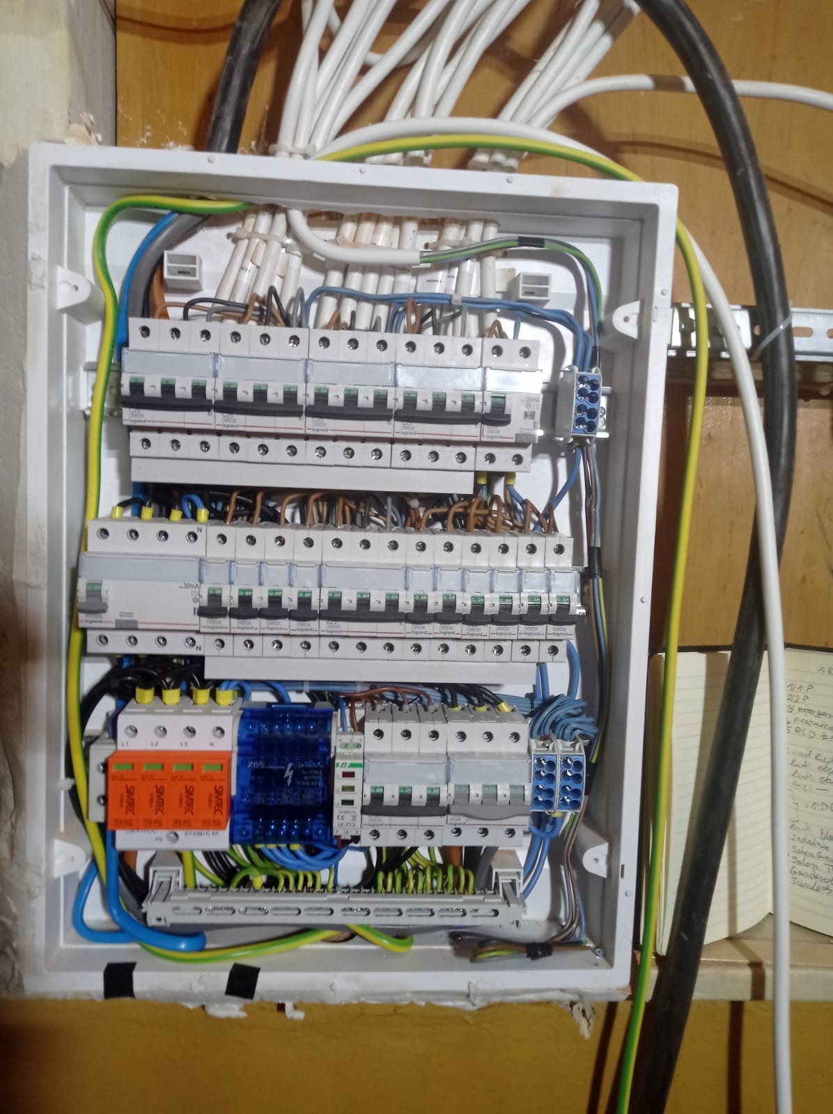 Otwarta skrzynka rozdzielcza z licznymi bezpiecznikami, przewodami i elementami zabezpieczającymi, widoczne kable wchodzące od góry i boku, notatnik z zapiskami obok.