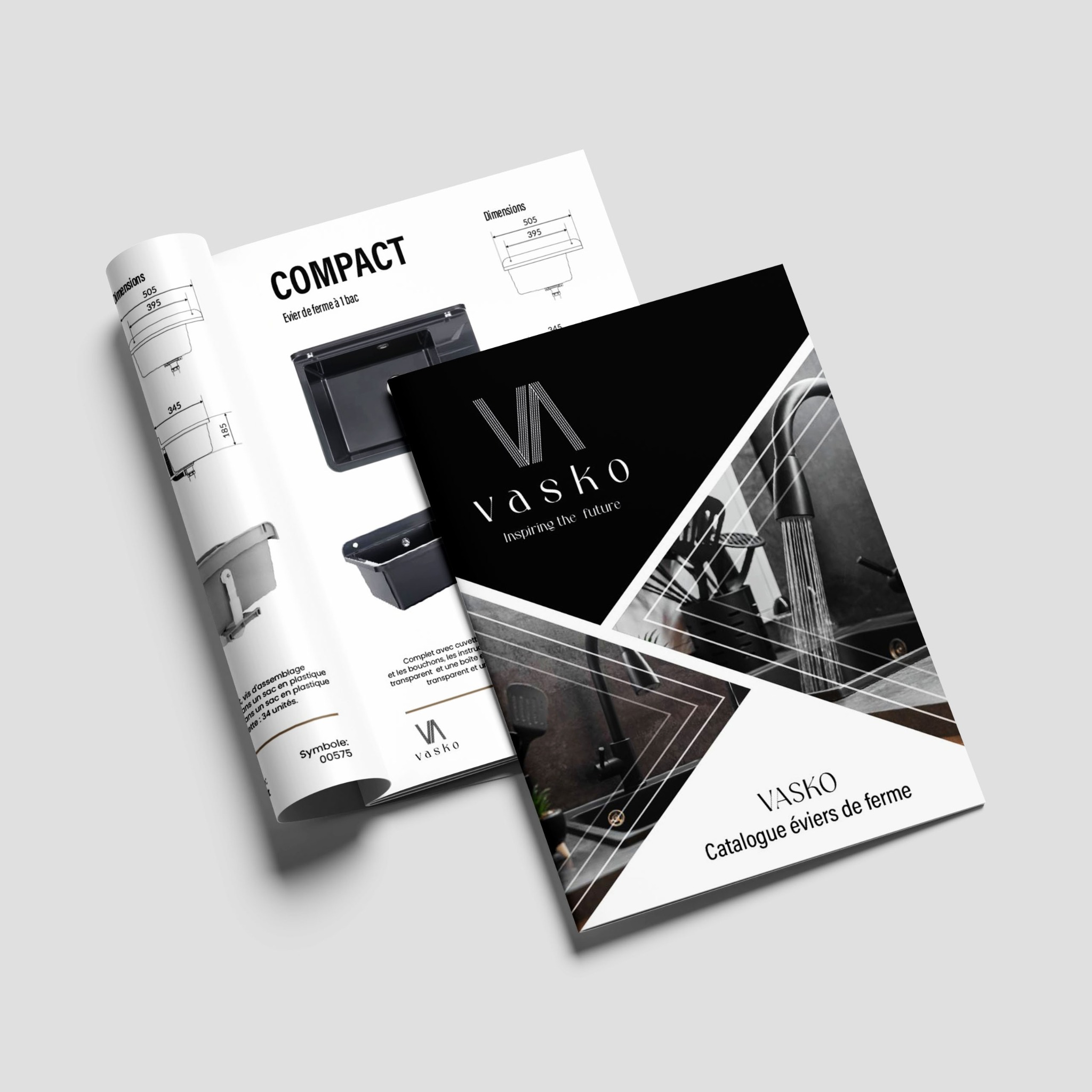 Otwarty katalog firmy VASKO prezentujący zlewozmywaki, z widocznymi wymiarami i specyfikacjami technicznymi na jednej stronie oraz stylowym zdjęciem produktu na drugiej stronie, z logo firmy...