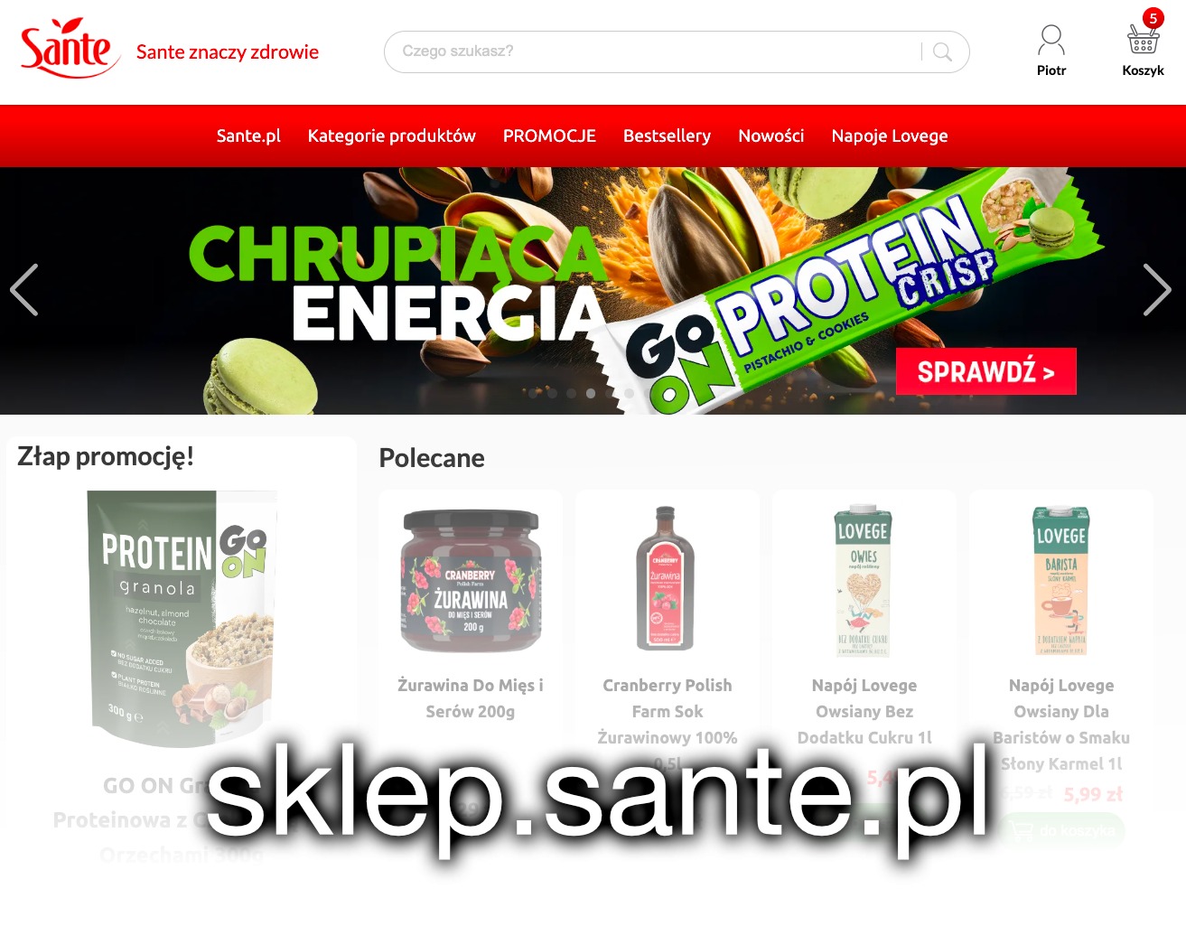 Strona główna sklepu internetowego Sante.pl z dynamicznym banerem prezentującym produkty z linii Go On Protein Crisp oraz ofertą promocyjną na granolę i żurawinę. Widoczne menu nawigacyjne i koszyk.