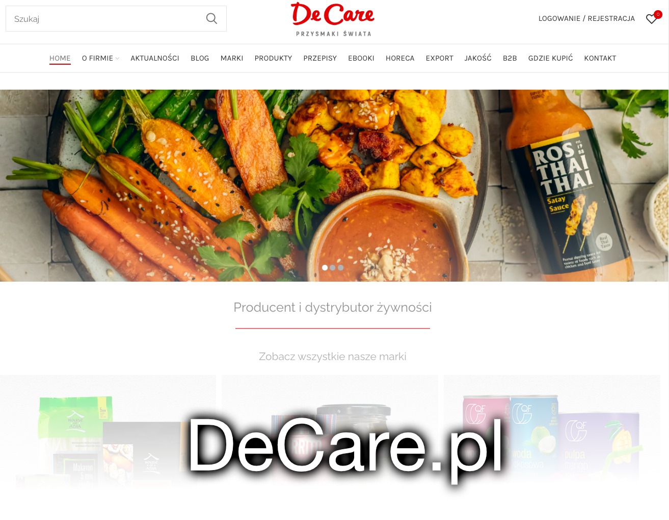 Strona główna sklepu internetowego DeCare.pl z widocznymi kategoriami produktów, banerem przedstawiającym dania kuchni azjatyckiej oraz logotypem firmy w górnej części.