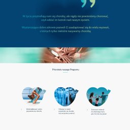 Arabeska Art & Brand Design - Układ strony internetowej o zdrowiu z hasłami, grafiką dłoni w centrum i ikonami w kształcie serc przedstawiającymi aktywności fizyczne.