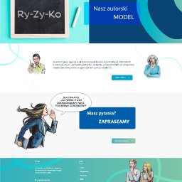 Arabeska Art & Brand Design - Strona internetowa z ilustracjami osób, tablicą z napisem Ry-Zy-Ko i hasłami reklamowymi dotyczącymi programu zdrowotnego.