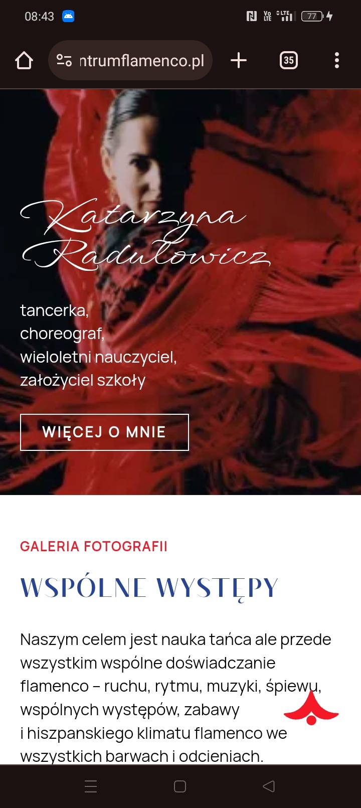 Strona internetowa szkoły tańca flamenco ntrumflamenco.pl z portretem tancerki Katarzyny Radułowicz w czerwonej sukni, widoczny adres URL i przyciski nawigacyjne przeglądarki.